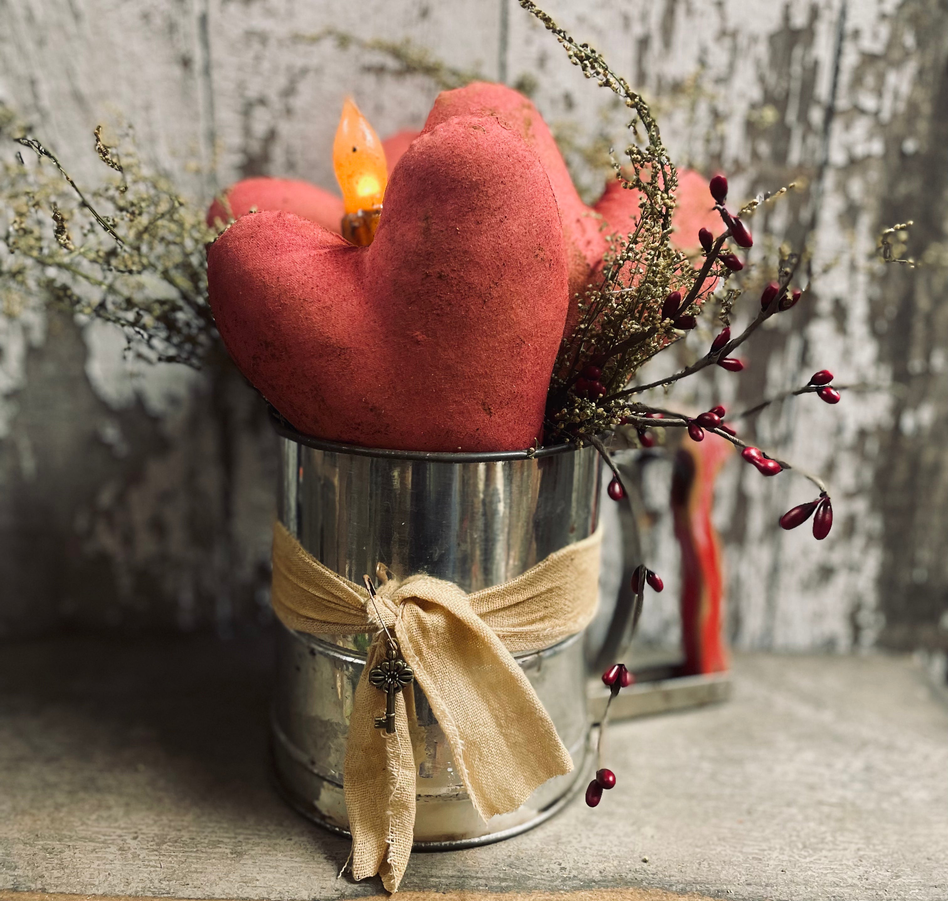 Primitive Valentines Hearts In Antique Sifter Gathering 12x7