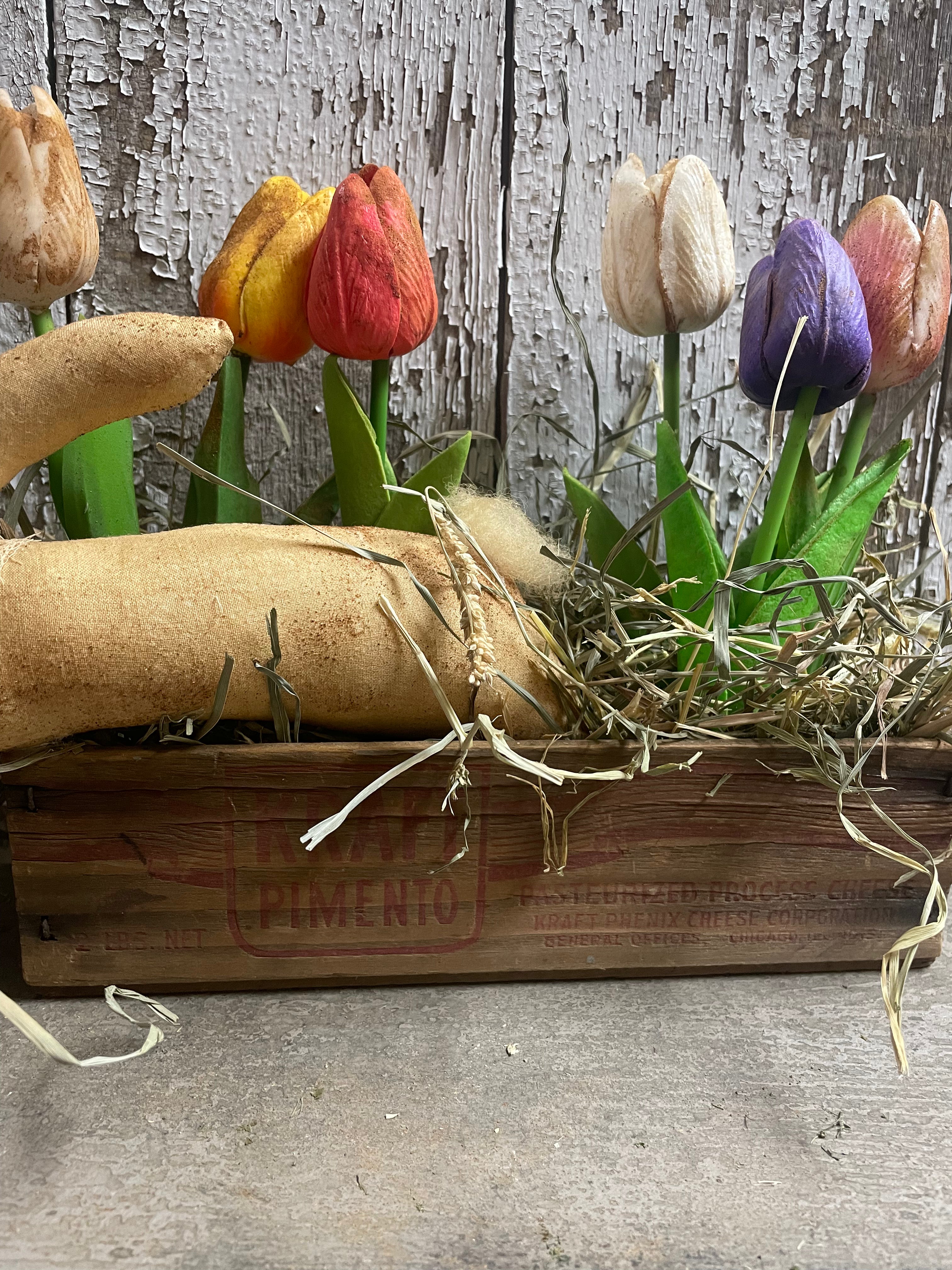 Primitive Tulips And Bunny In Cheese Box 11x9