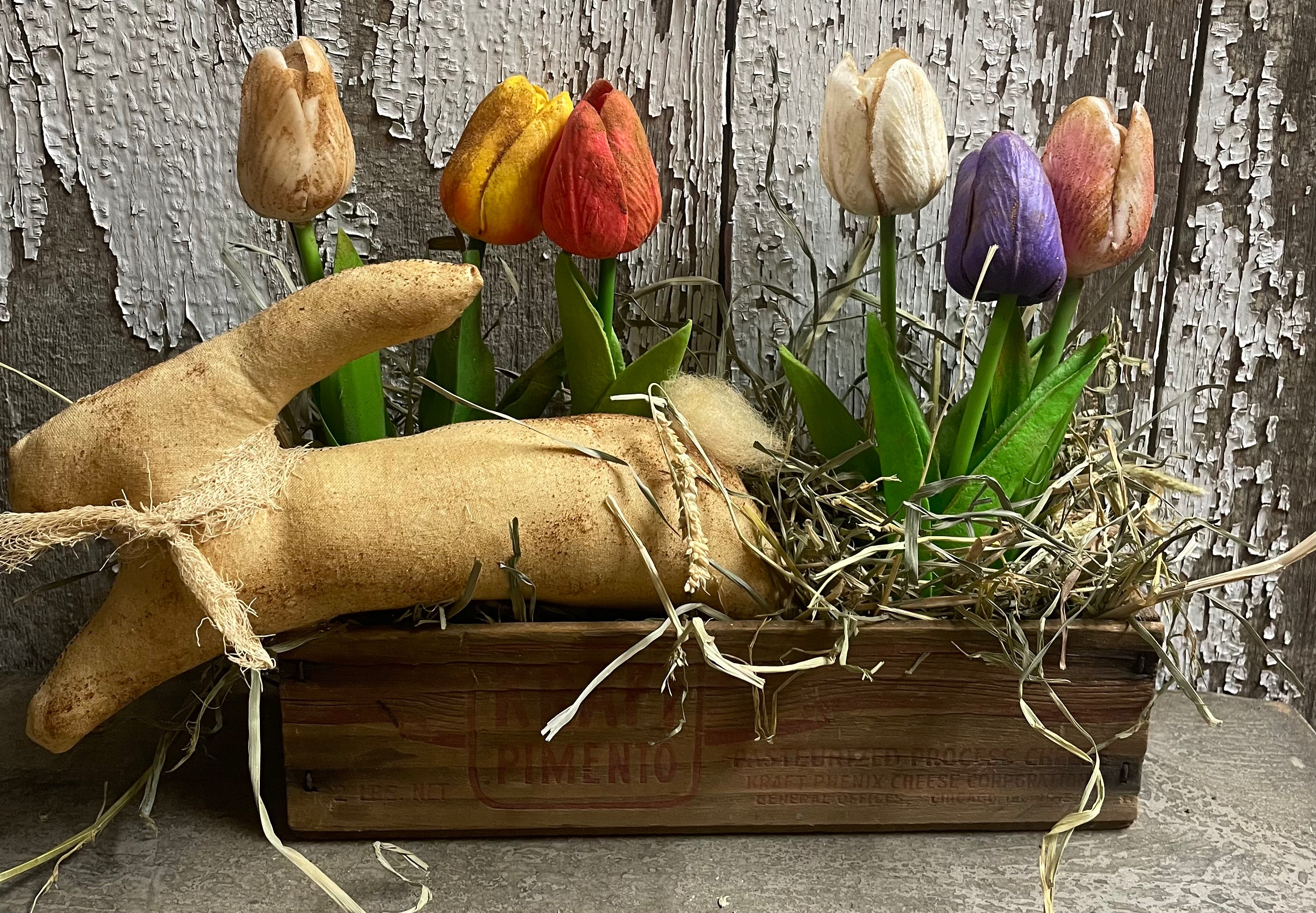 Primitive Tulips And Bunny In Cheese Box 11x9