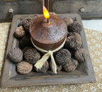 25 Primitives Black Walnuts And Candle In Wood Tray 8x5