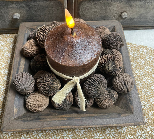 25 Primitives Black Walnuts And Candle In Wood Tray 8x5