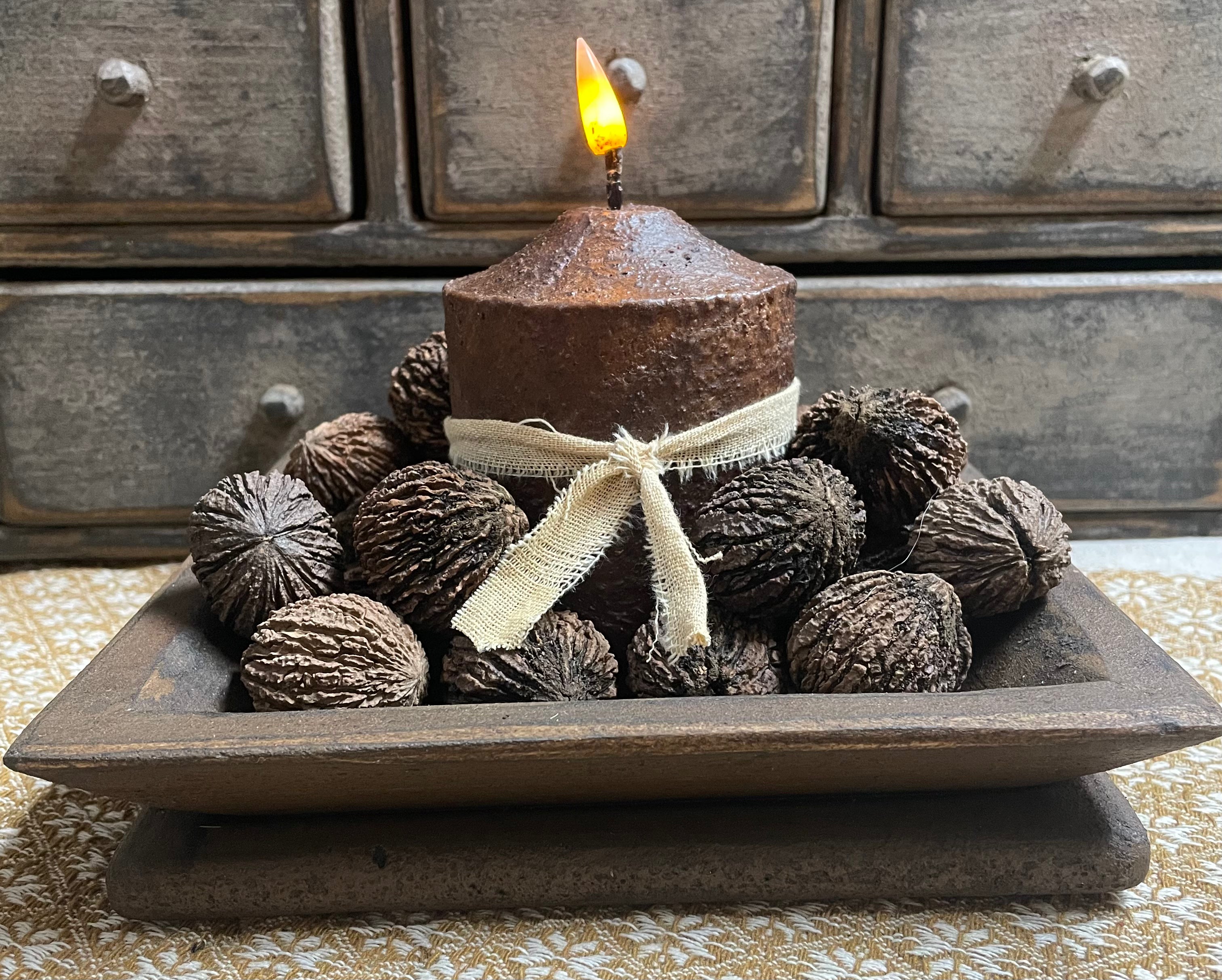 25 Primitives Black Walnuts And Candle In Wood Tray 8x5