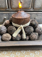 25 Primitives Black Walnuts And Candle In Wood Tray 8x5