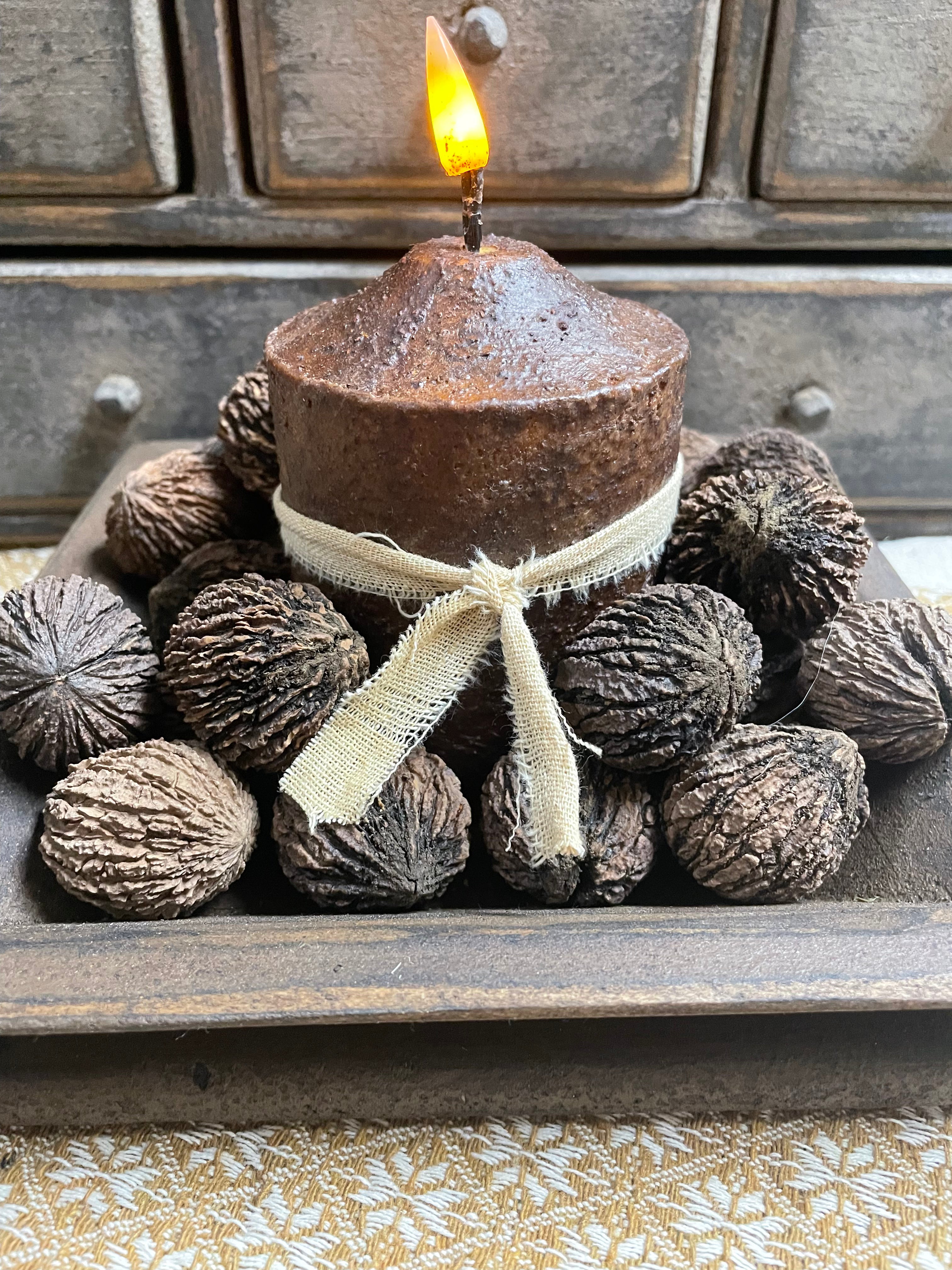 25 Primitives Black Walnuts And Candle In Wood Tray 8x5