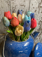 12 Primitive Tulips In Antique Graniteware Kettle Gathering 11x10