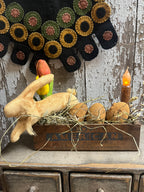 Primitive Tulips Bunny Wax Eggs And Tapered Candle In Cheese Box 11x9