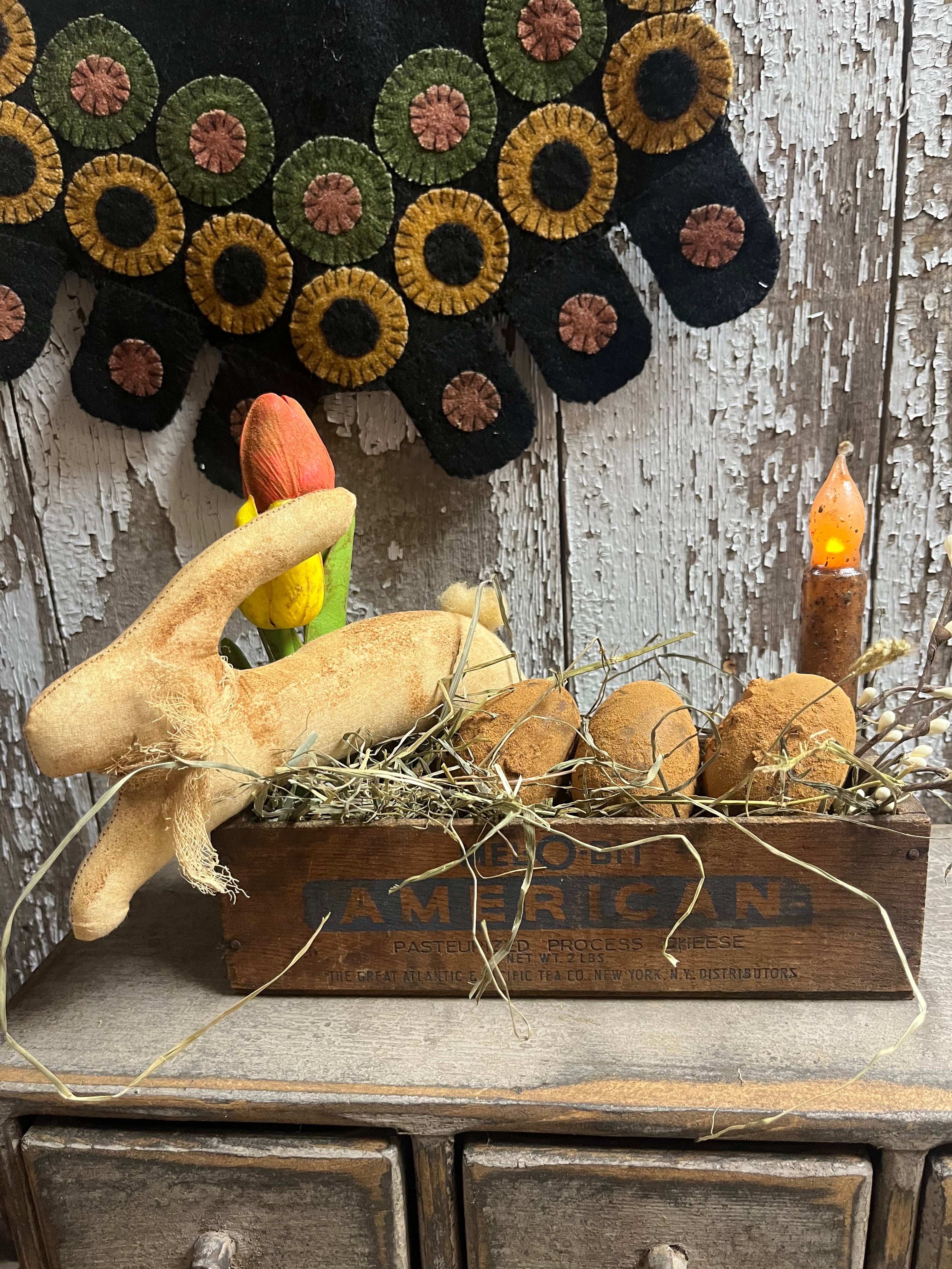 Primitive Tulips Bunny Wax Eggs And Tapered Candle In Cheese Box 11x9