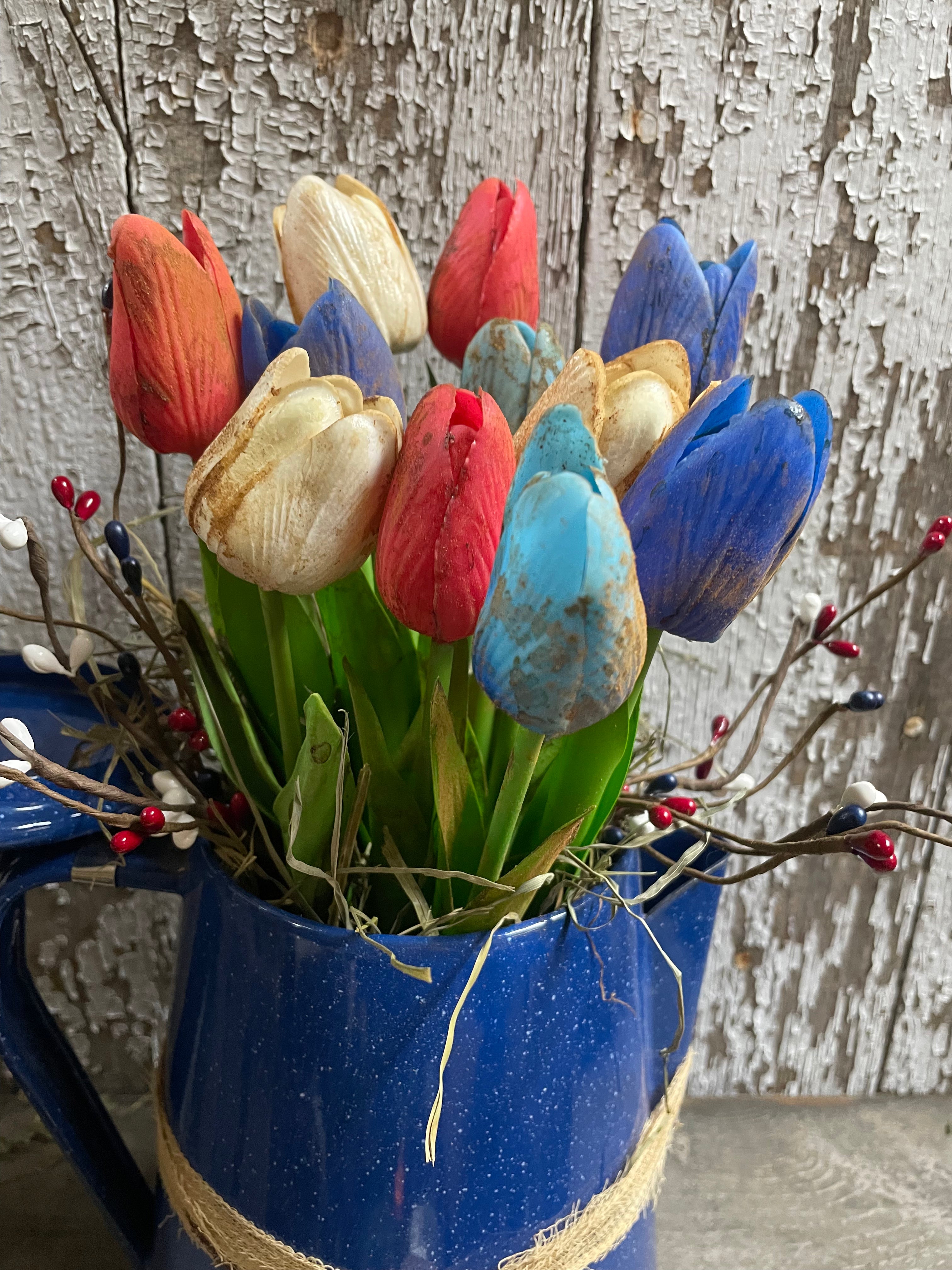 11 Primitive Tulips In Antique Tea Pot Gathering 13x8