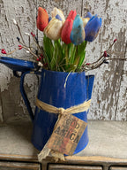 11 Primitive Tulips In Antique Tea Pot Gathering 13x8