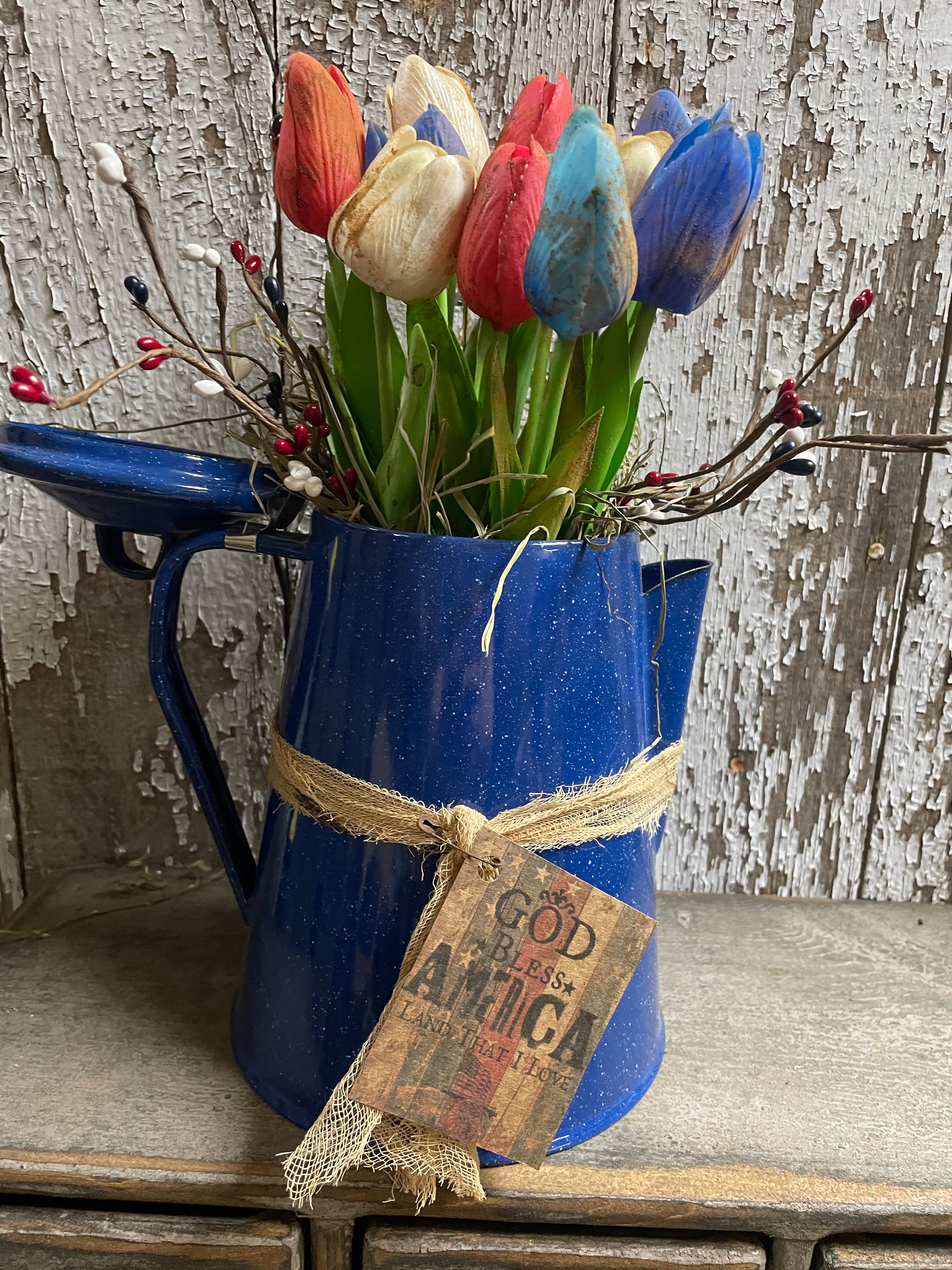 11 Primitive Tulips In Antique Tea Pot Gathering 13x8