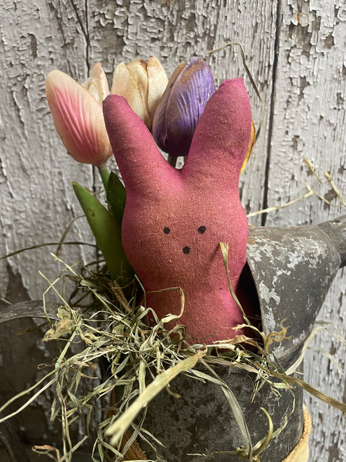 4 Primitive Tulips And Peep In Antique Oil Can Gathering 12x9