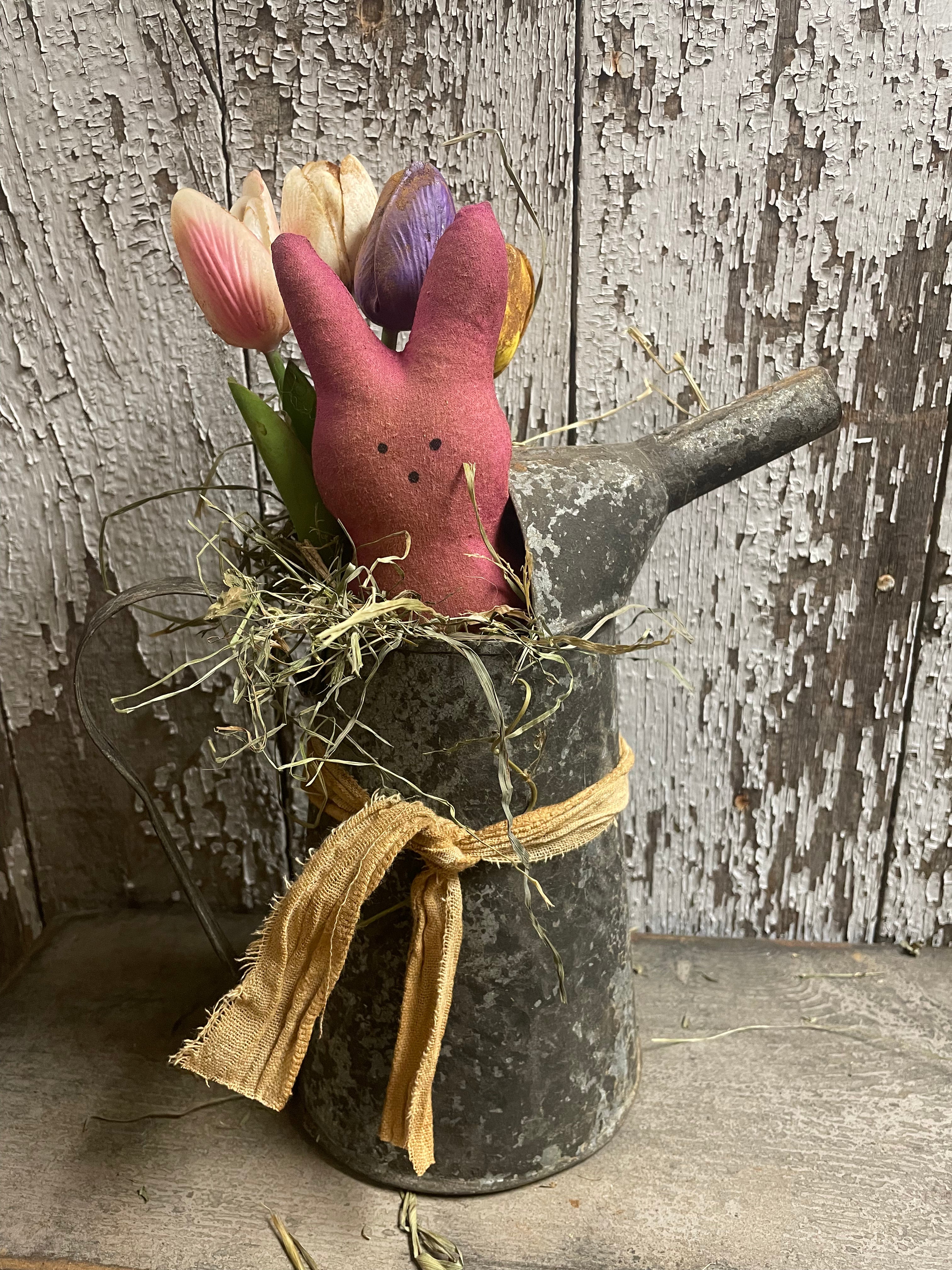4 Primitive Tulips And Peep In Antique Oil Can Gathering 12x9
