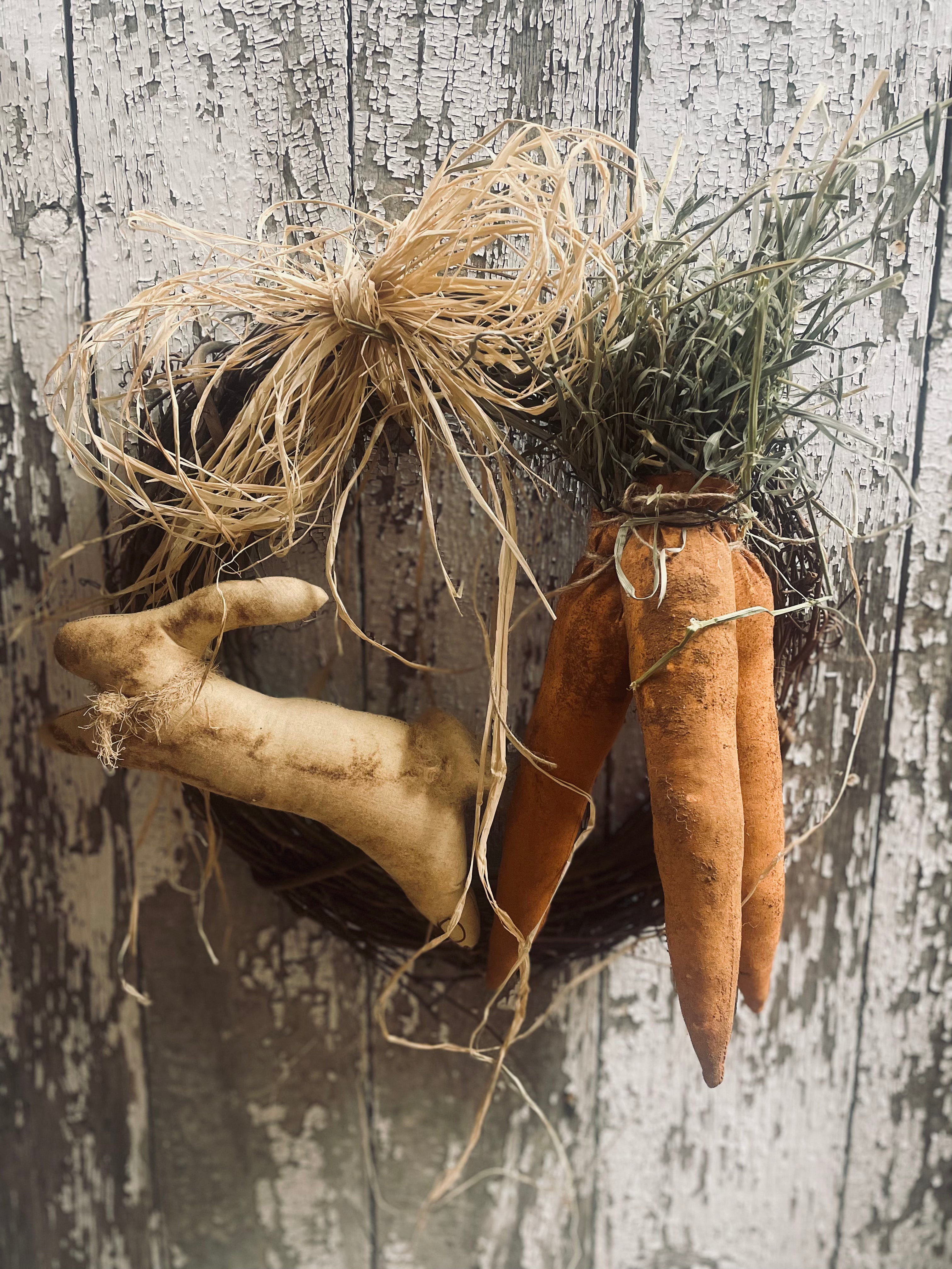 Primitive 14 Inch Wreath With Bunny And Carrots