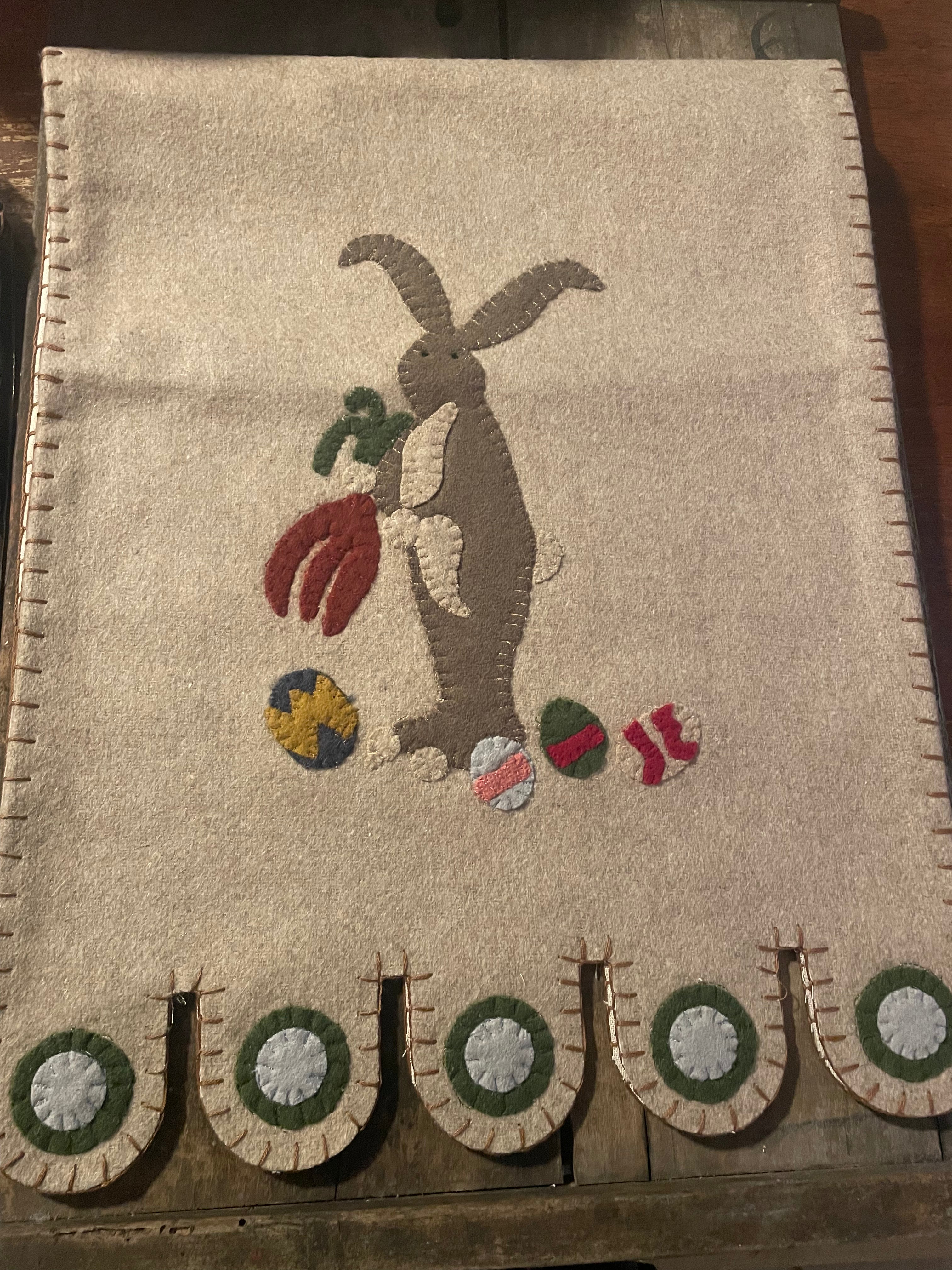 Primitive Penny Rug Table Runner With Bunny 35x14