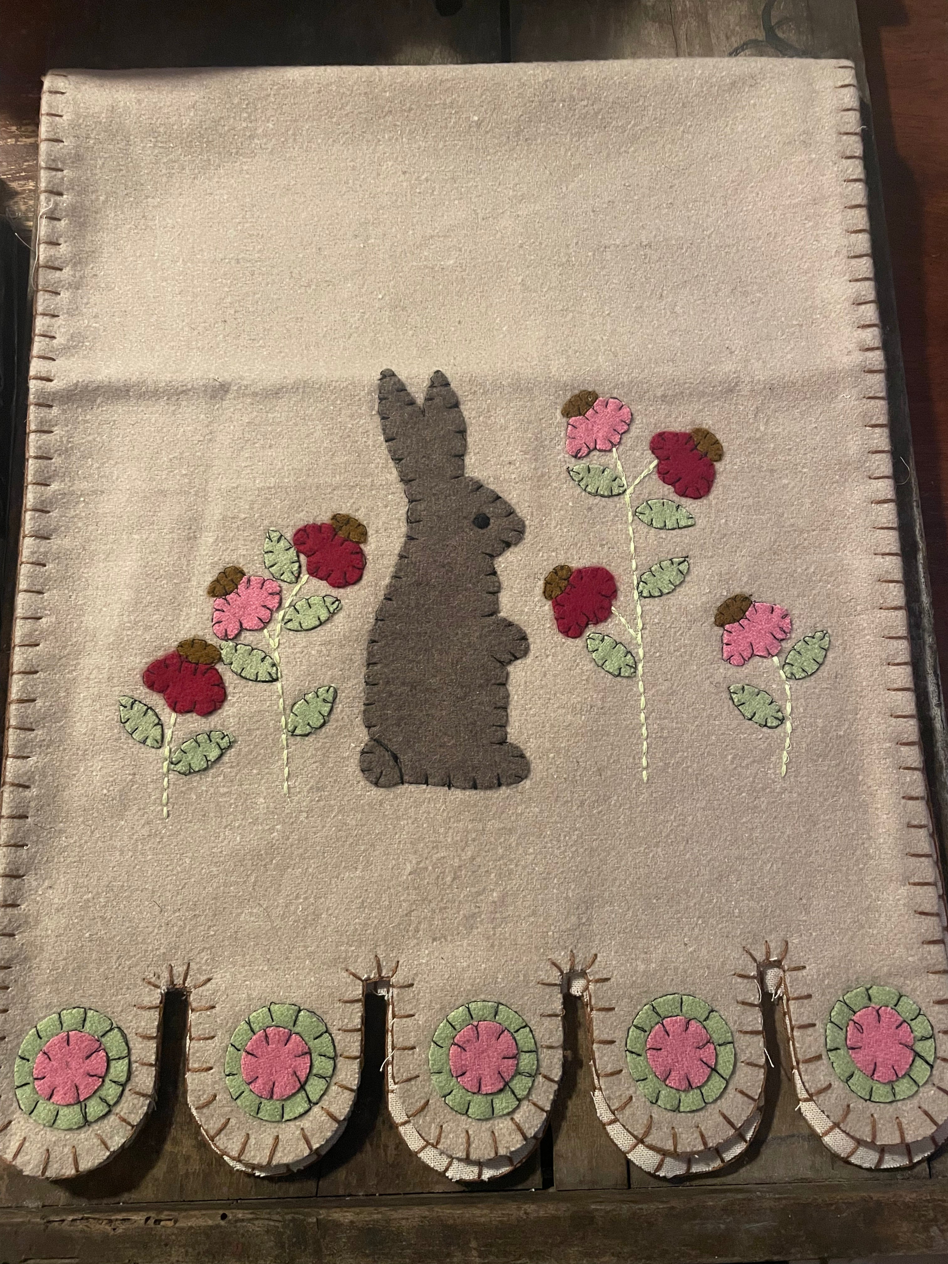 Primitive Penny Rug Table Runner With Bunny 35x14