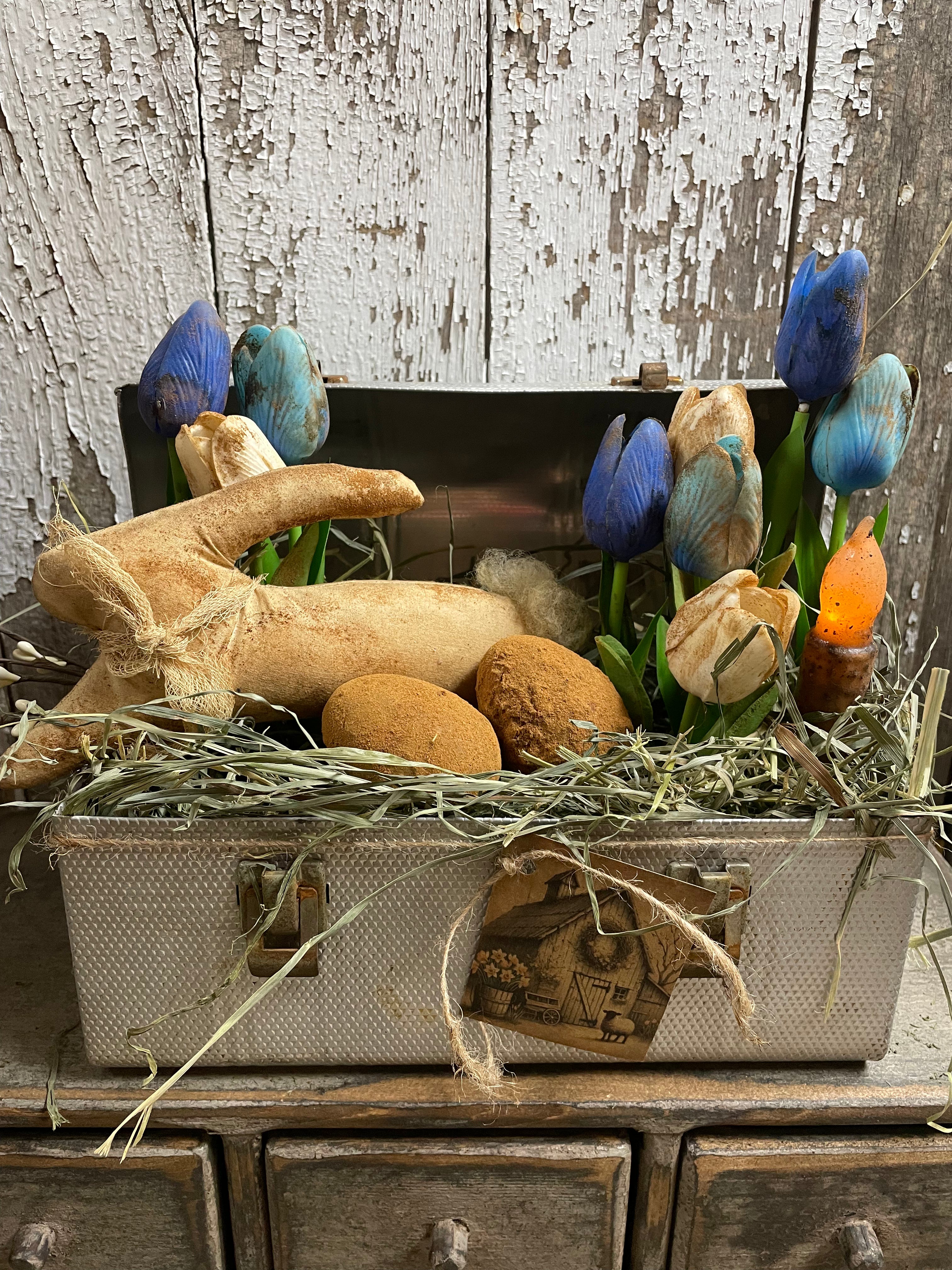Primitive Bunny Tulip And Blackened Wax Eggs In Antique Lunch Box Gathering 10x10x5