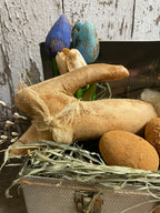 Primitive Bunny Tulip And Blackened Wax Eggs In Antique Lunch Box Gathering 10x10x5