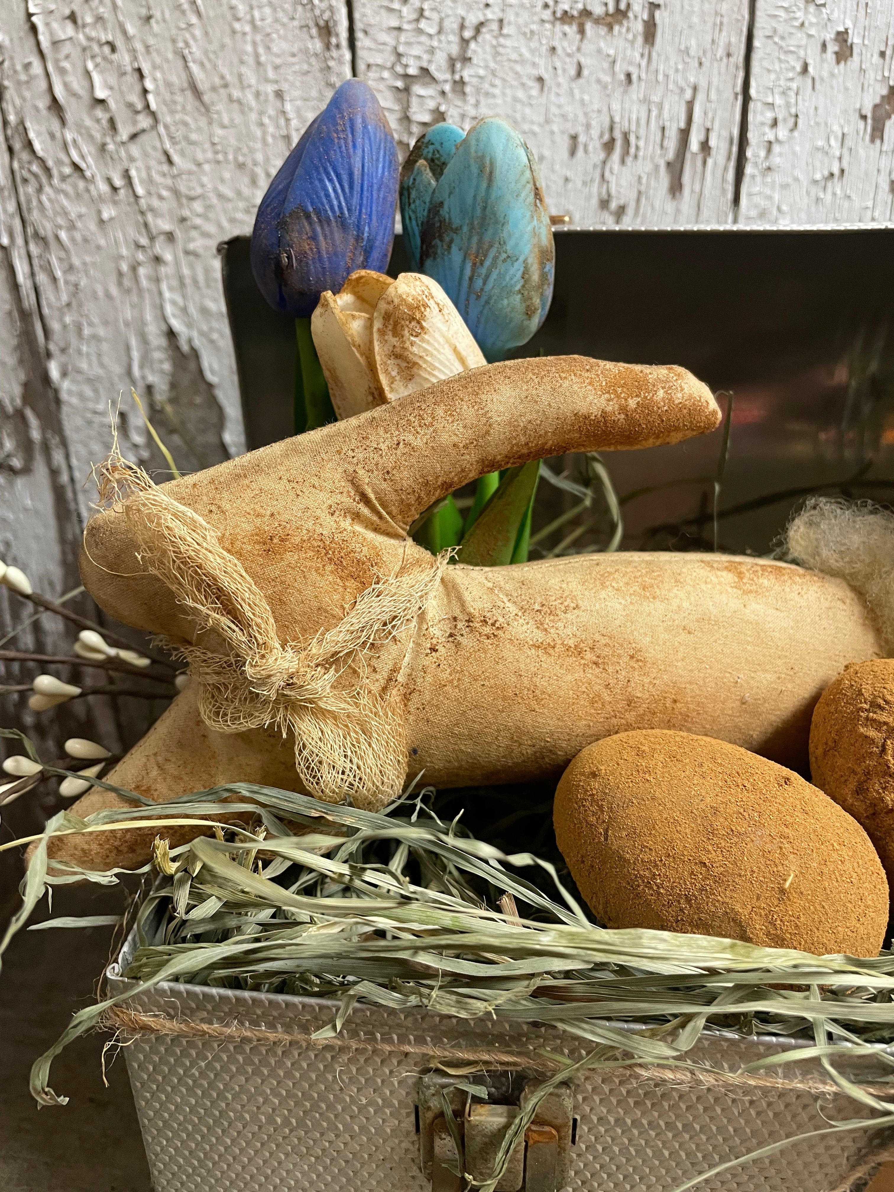 Primitive Bunny Tulip And Blackened Wax Eggs In Antique Lunch Box Gathering 10x10x5