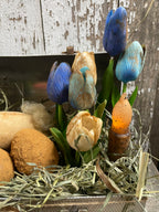 Primitive Bunny Tulip And Blackened Wax Eggs In Antique Lunch Box Gathering 10x10x5