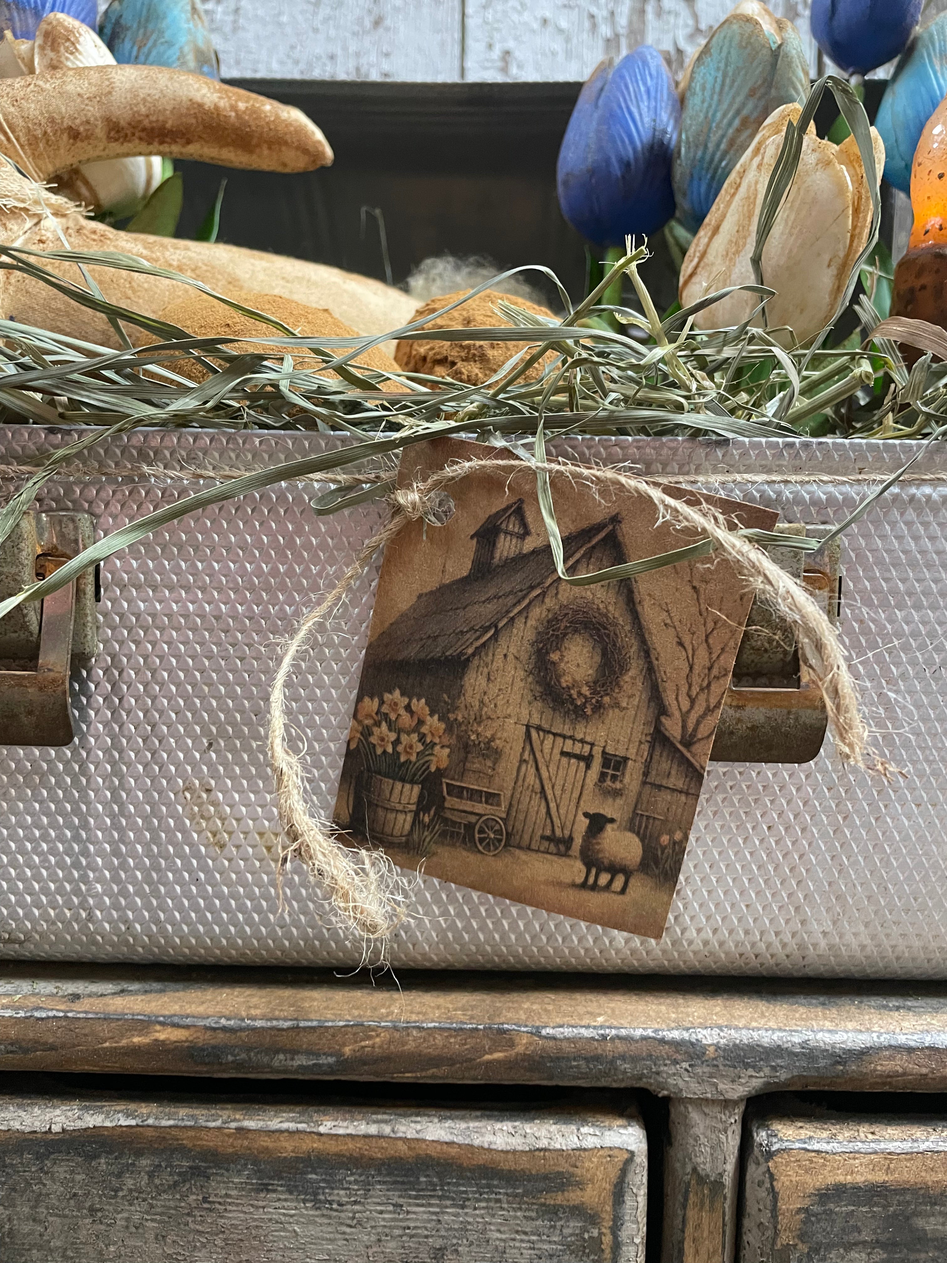 Primitive Bunny Tulip And Blackened Wax Eggs In Antique Lunch Box Gathering 10x10x5