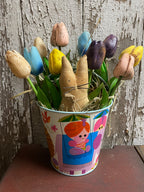 10 Primitive Tulips And Bunny In Antique Sand Pail 11x8