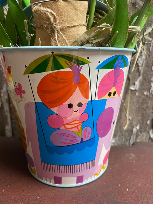 10 Primitive Tulips And Bunny In Antique Sand Pail 11x8