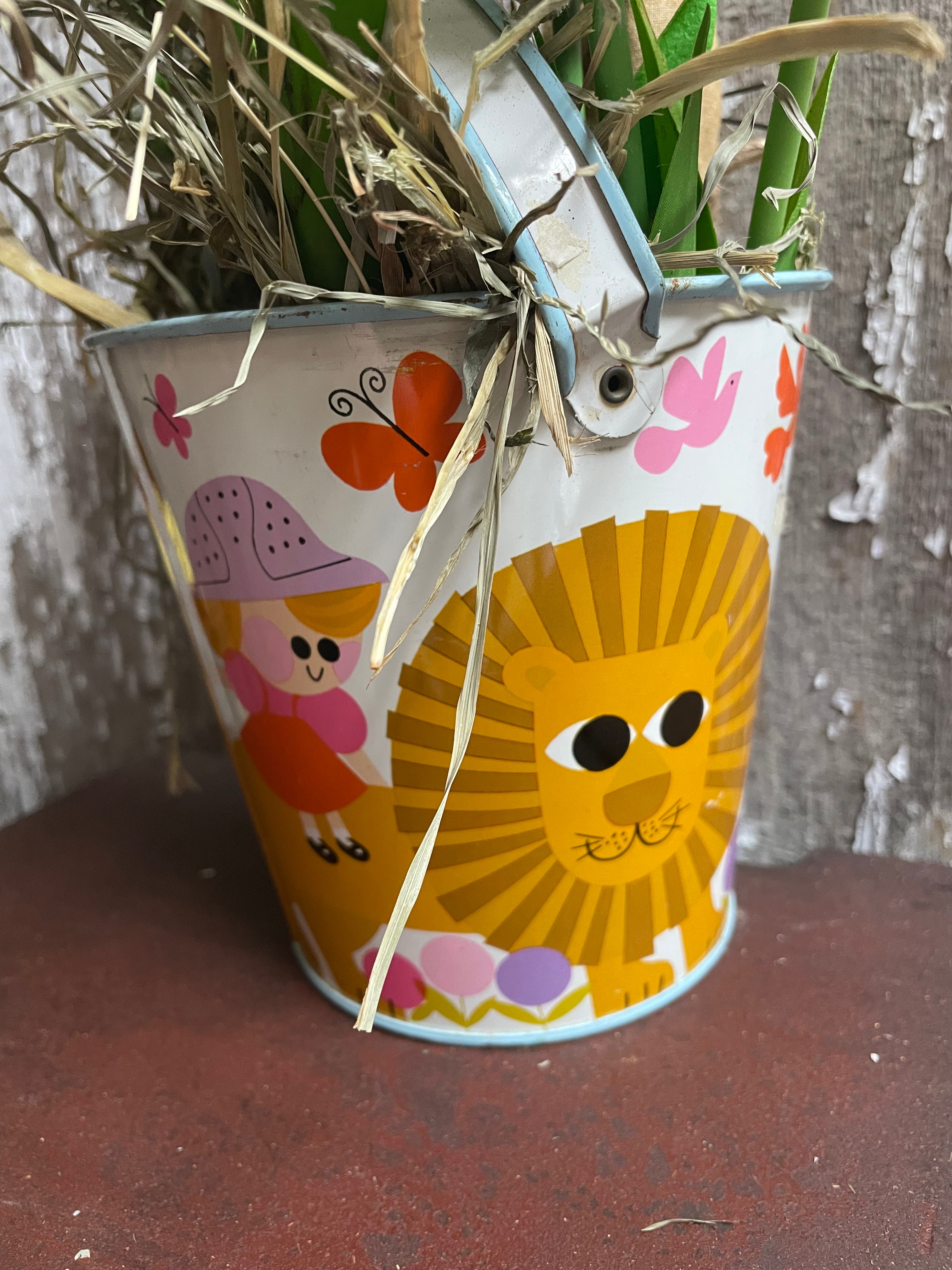 10 Primitive Tulips And Bunny In Antique Sand Pail 11x8