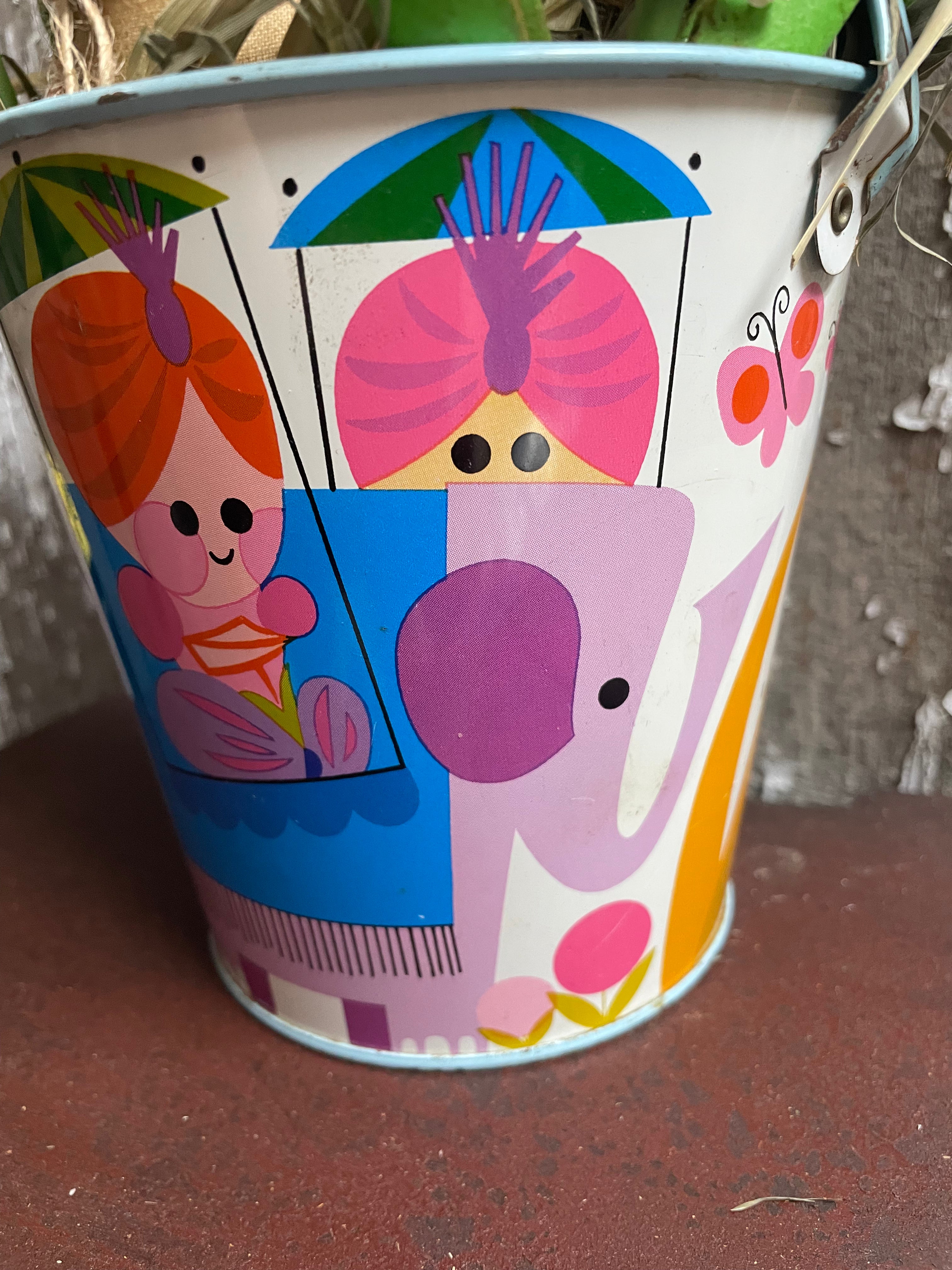 10 Primitive Tulips And Bunny In Antique Sand Pail 11x8