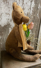 Primitive Grungy Teddy Bear With Tulip Pot Shelf Sitter 13x6