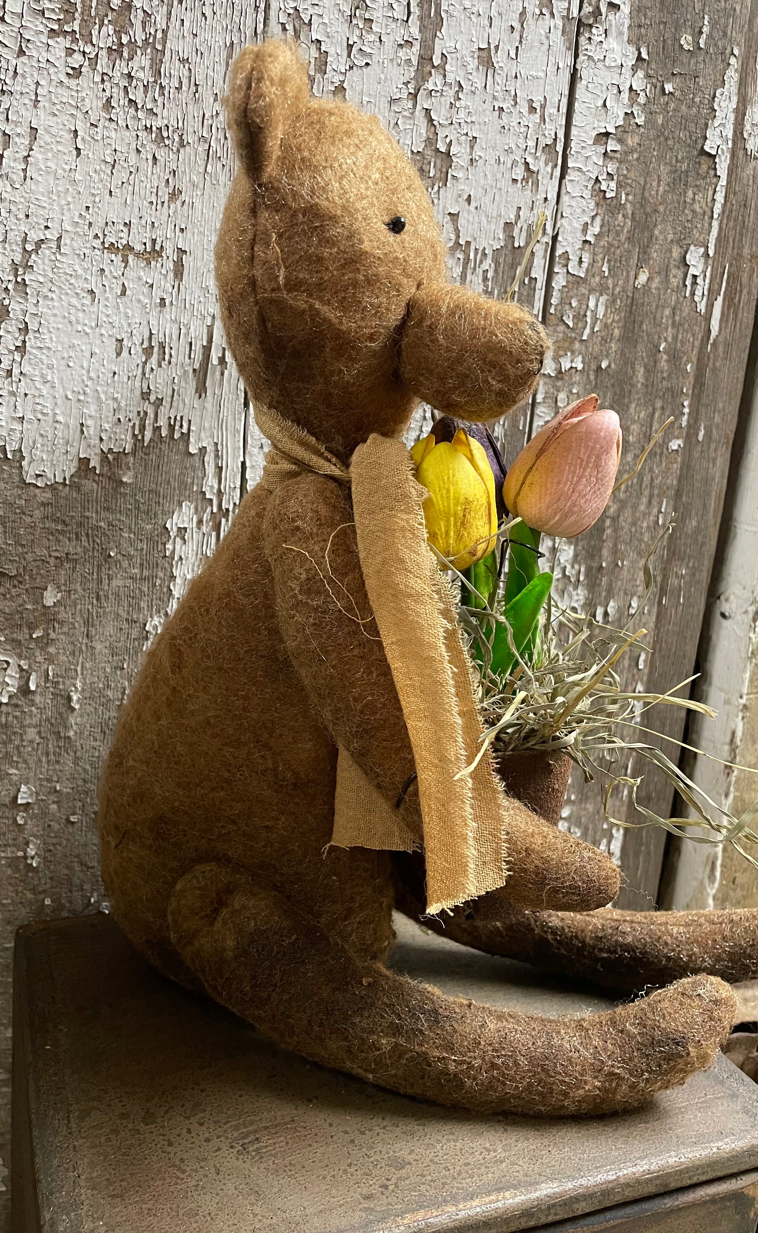 Primitive Grungy Teddy Bear With Tulip Pot Shelf Sitter 13x6