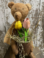 Primitive Grungy Teddy Bear With Tulip Pot Shelf Sitter 13x6