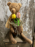 Primitive Grungy Teddy Bear With Tulip Pot Shelf Sitter 13x6