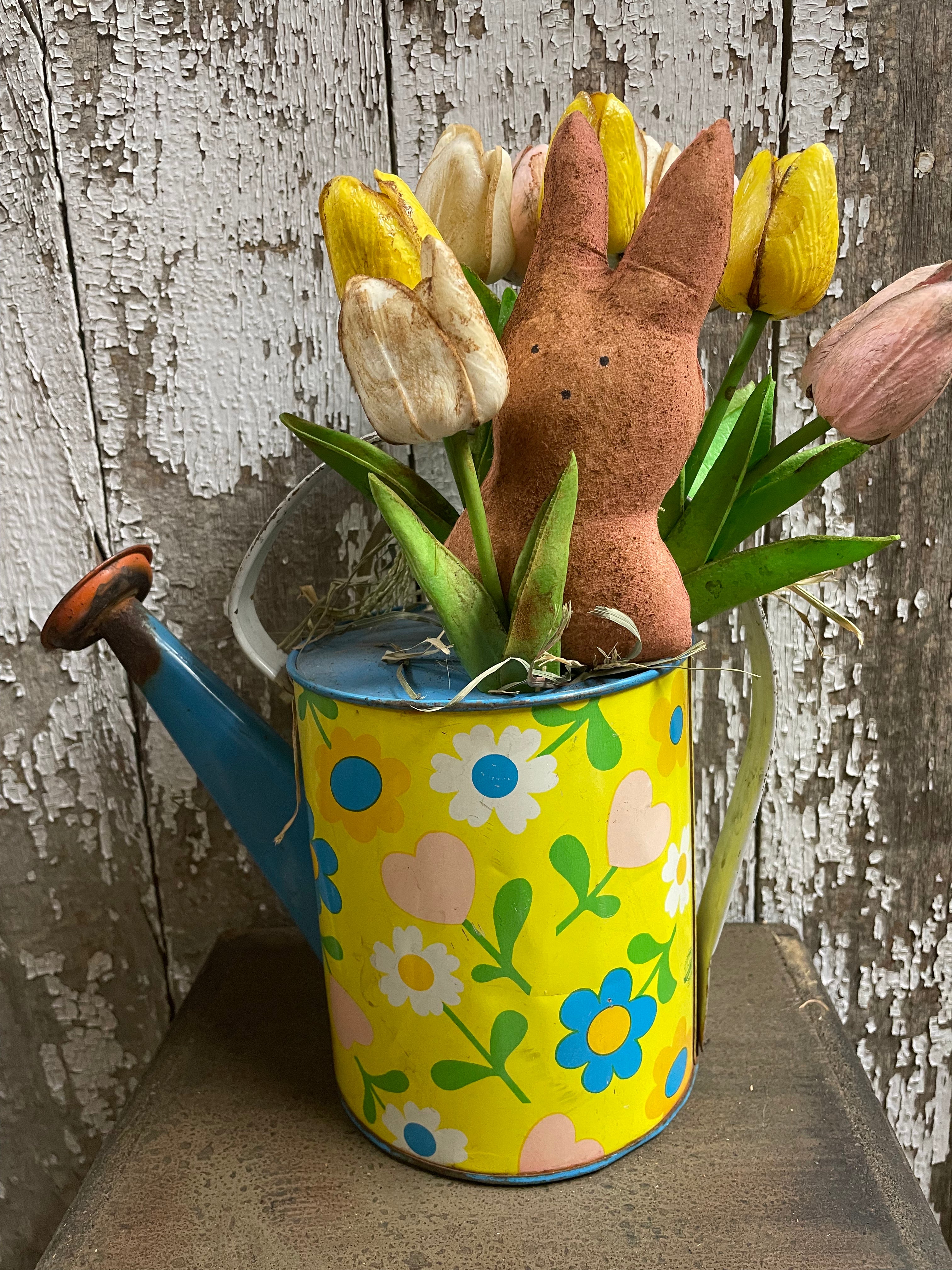 9 Primitive Tulips And Peep In Antique Watering Can Gathering 12x9