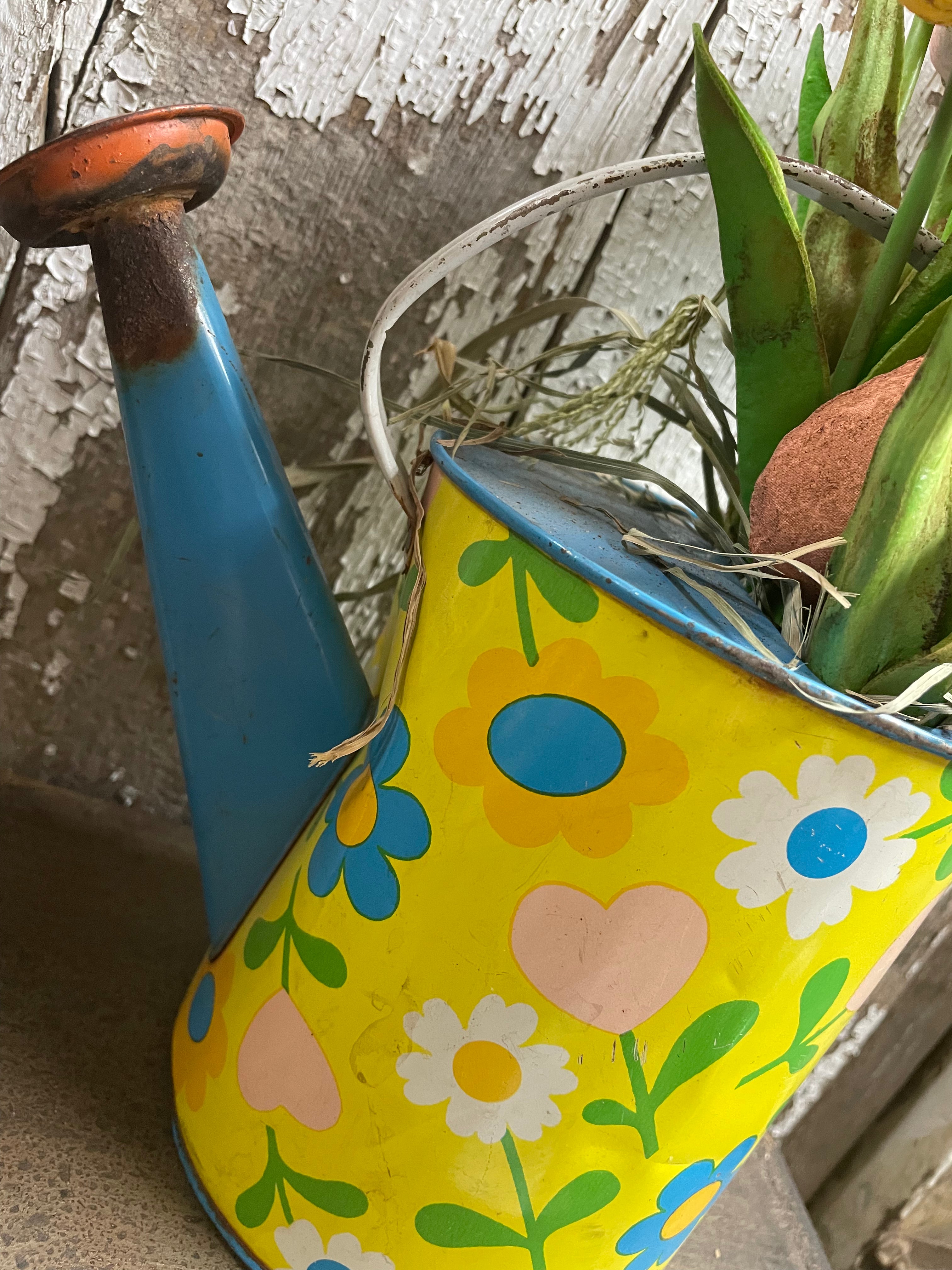 9 Primitive Tulips And Peep In Antique Watering Can Gathering 12x9