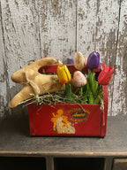 10 Primitive Tulips And Bunny In Antique Kids Shu Shine Bank Gathering 9x8