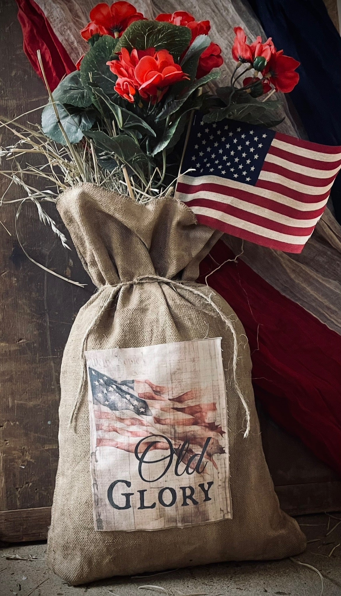 Primitive Grungy Faux Geranium Feedsac Bag With Print Shelf Sitter Large 18x12