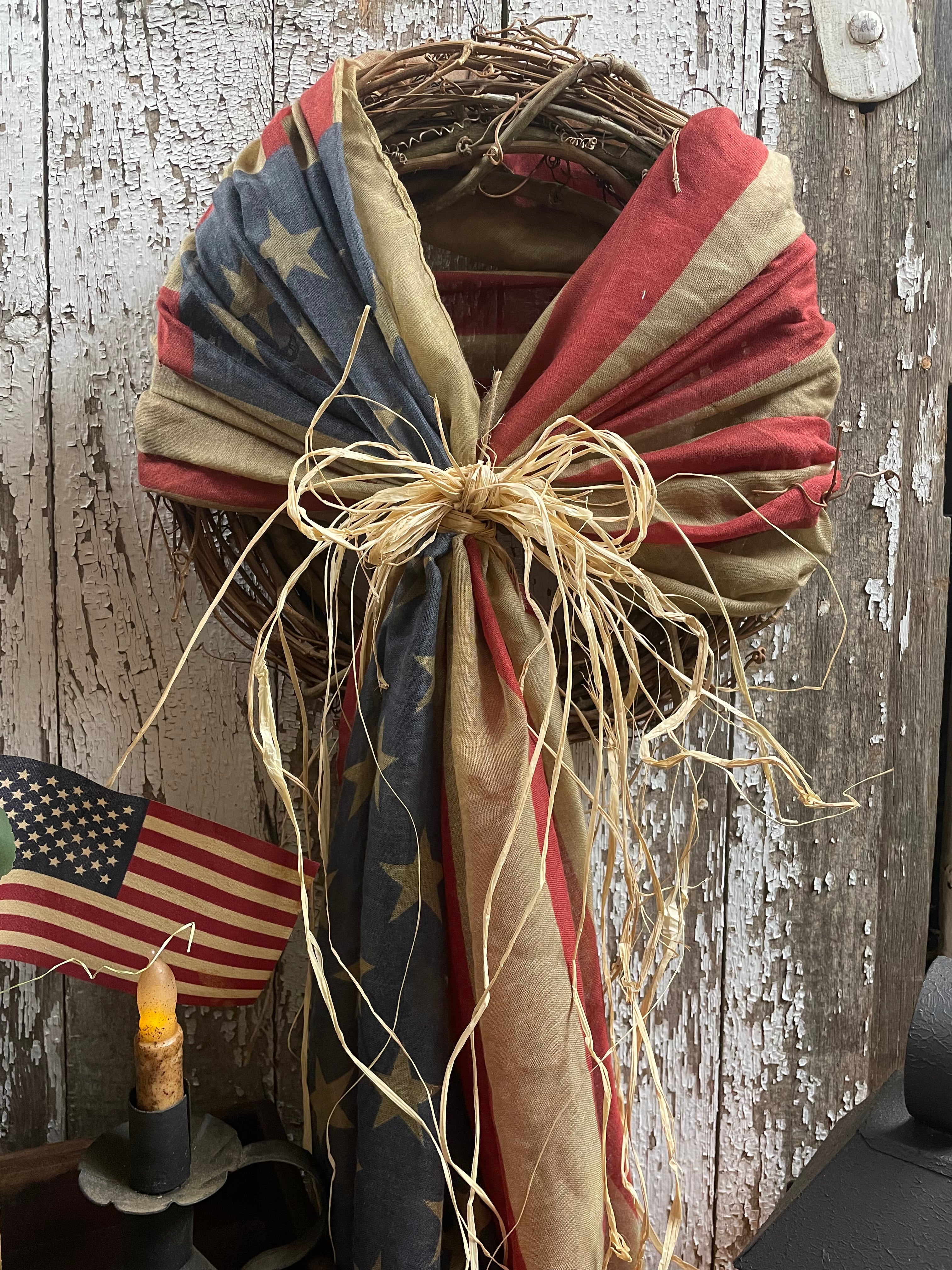 Primitive 14 Inch Wreath With Flag Scarf