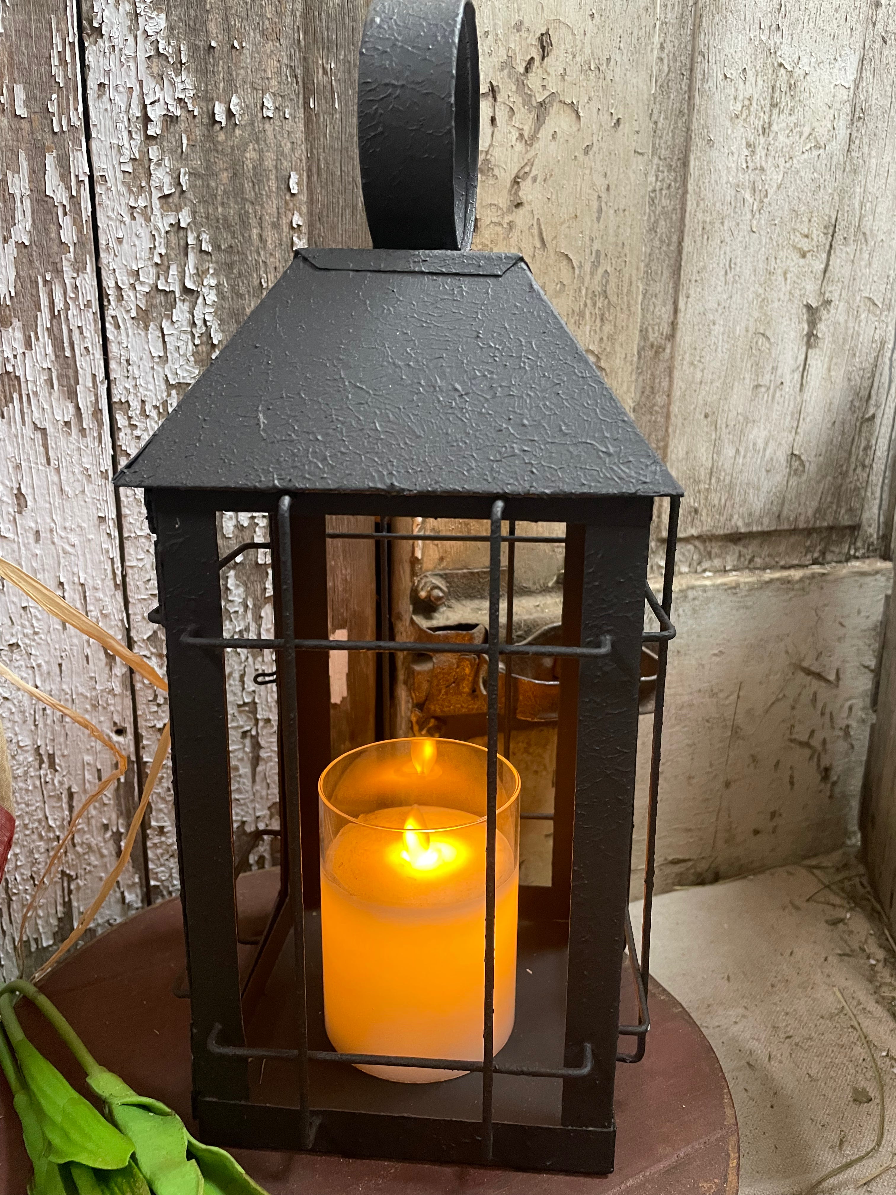 Primitive Table Lantern With Candle 14x6 Black