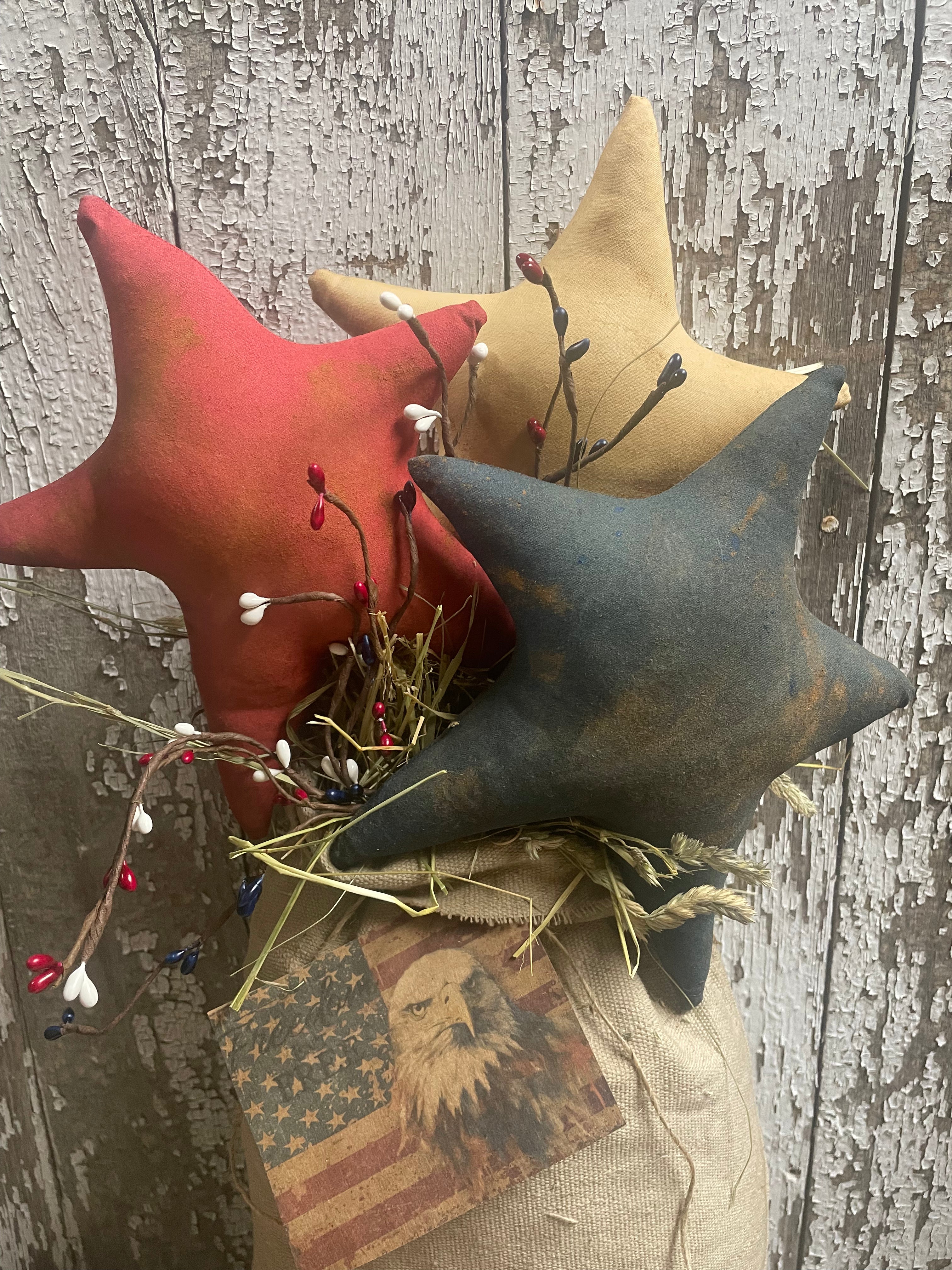 Primitive Grungy Stars Feedsac Bag Shelf Sitter 20x8