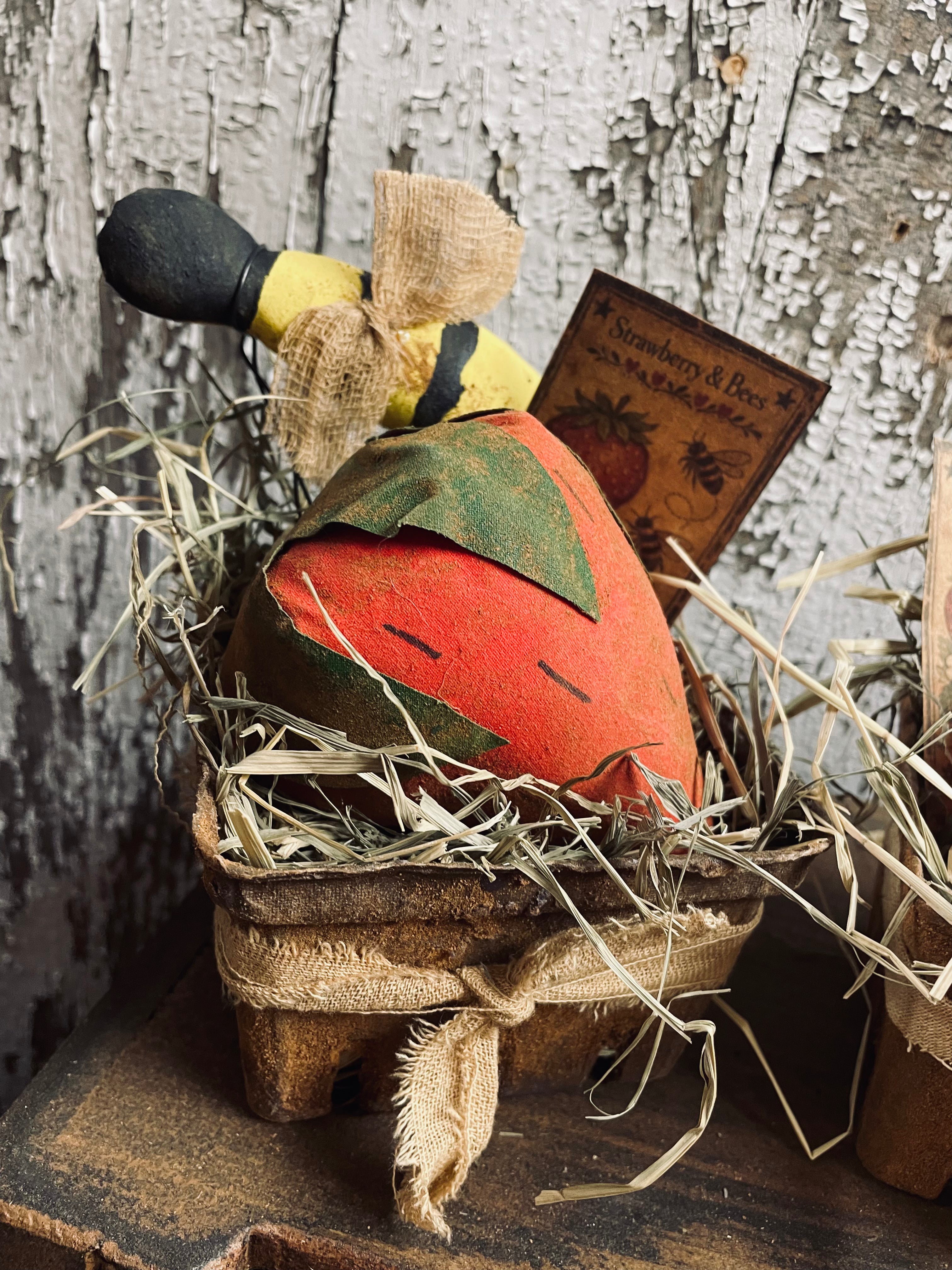 Primitive Strawberry And Bee In Berry Basket Gathering 4x5