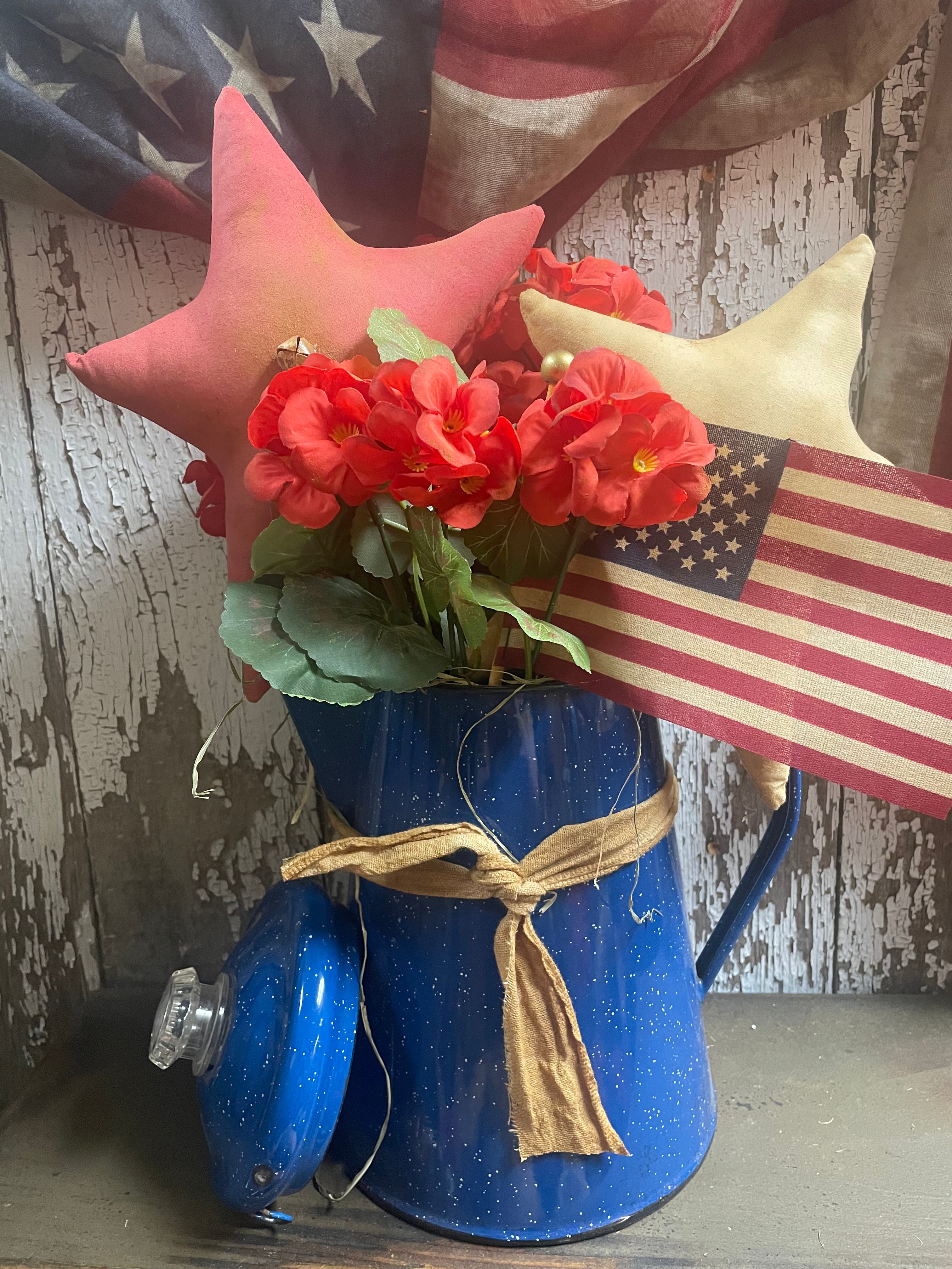Primitive Geraniums And Stars In Antique Coffee Pot Gathering 17x9