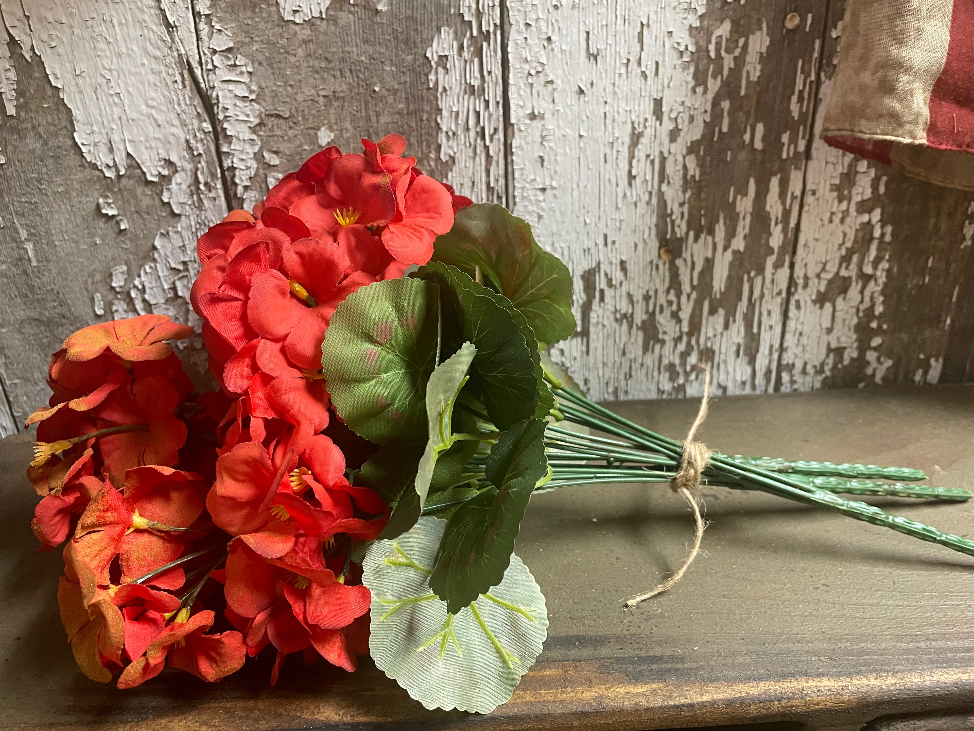Primitive Grungy Red Faux Geraniums Stems 14x4