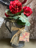 Primitive Geraniums In Antique Tea Pot Gathering 13x8
