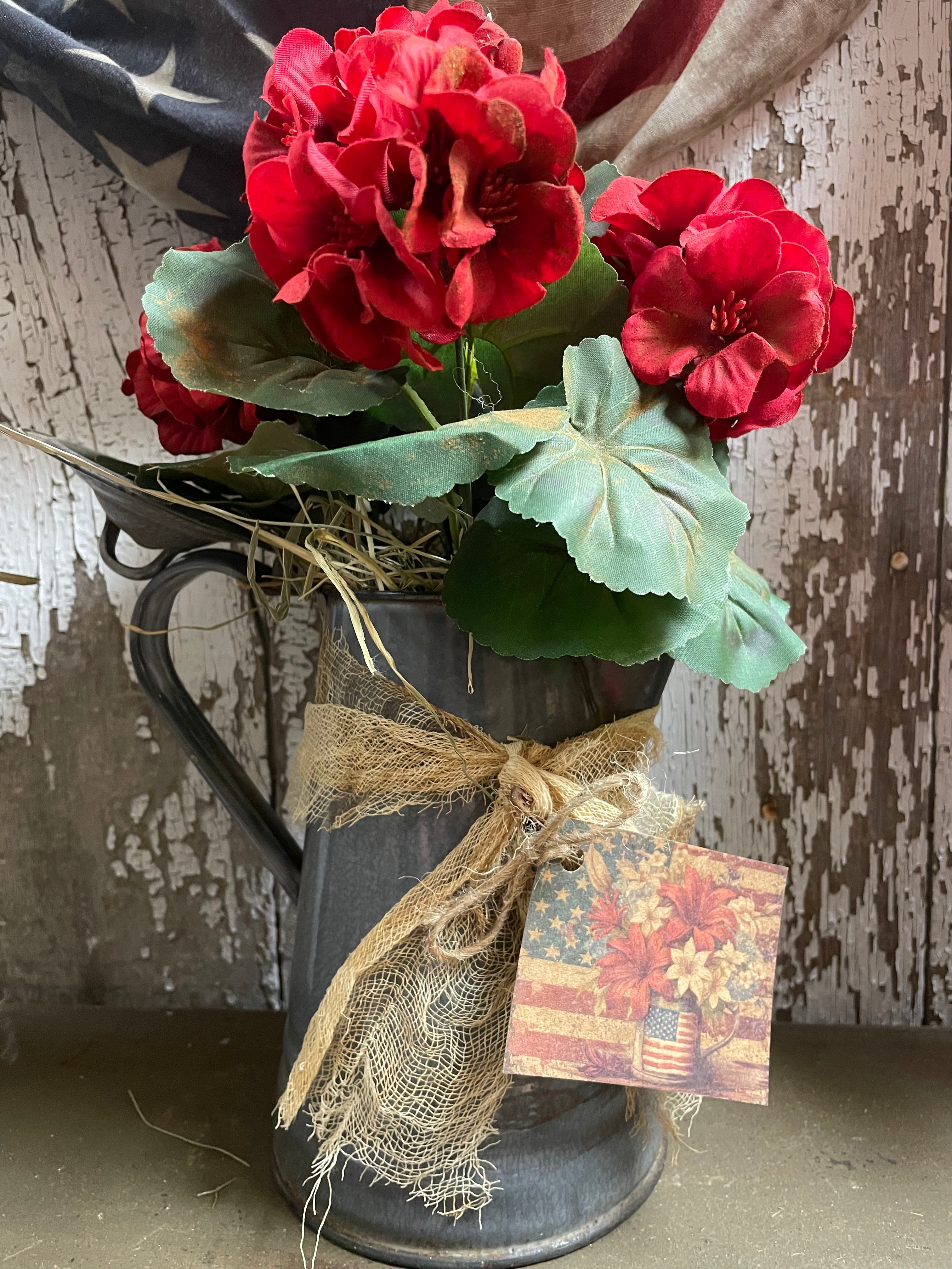 Primitive Geraniums In Antique Tea Pot Gathering 13x8