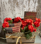 Primitive Flag Pillows And Geraniums In Antique Lunch Box Gathering 11x10x9