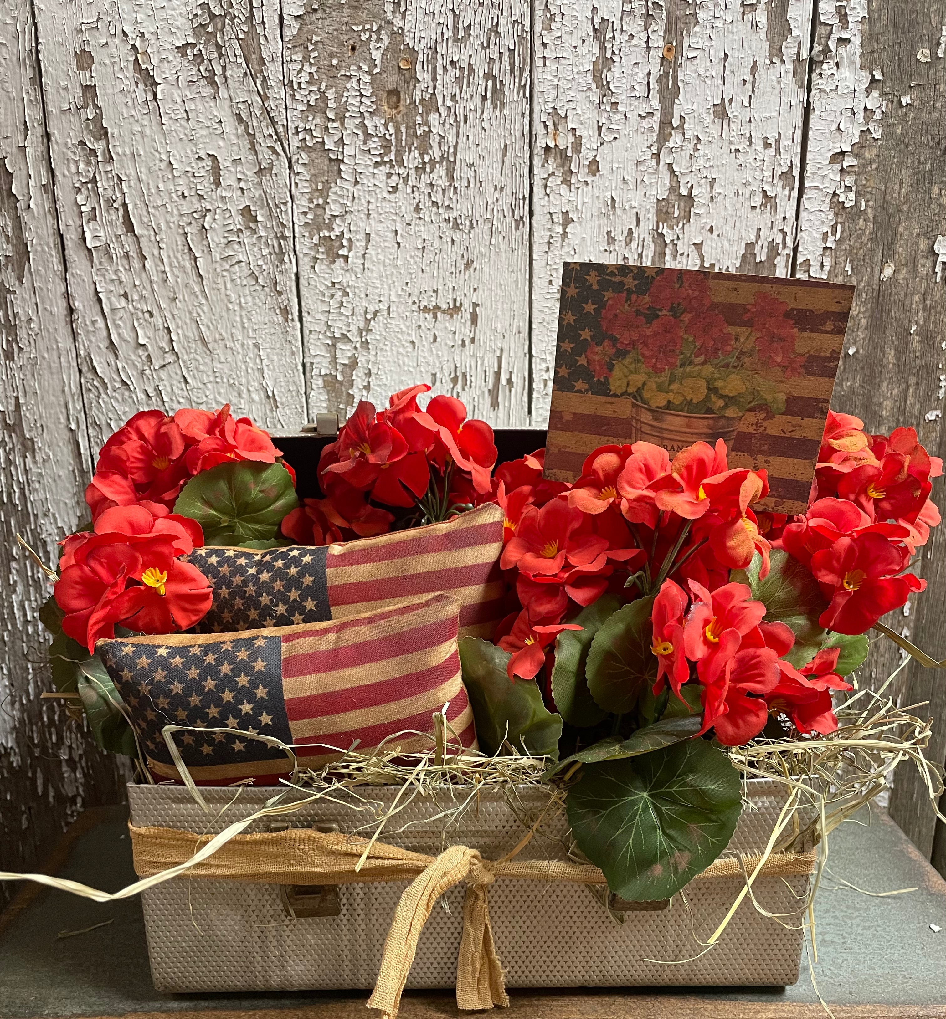 Primitive Flag Pillows And Geraniums In Antique Lunch Box Gathering 11x10x9