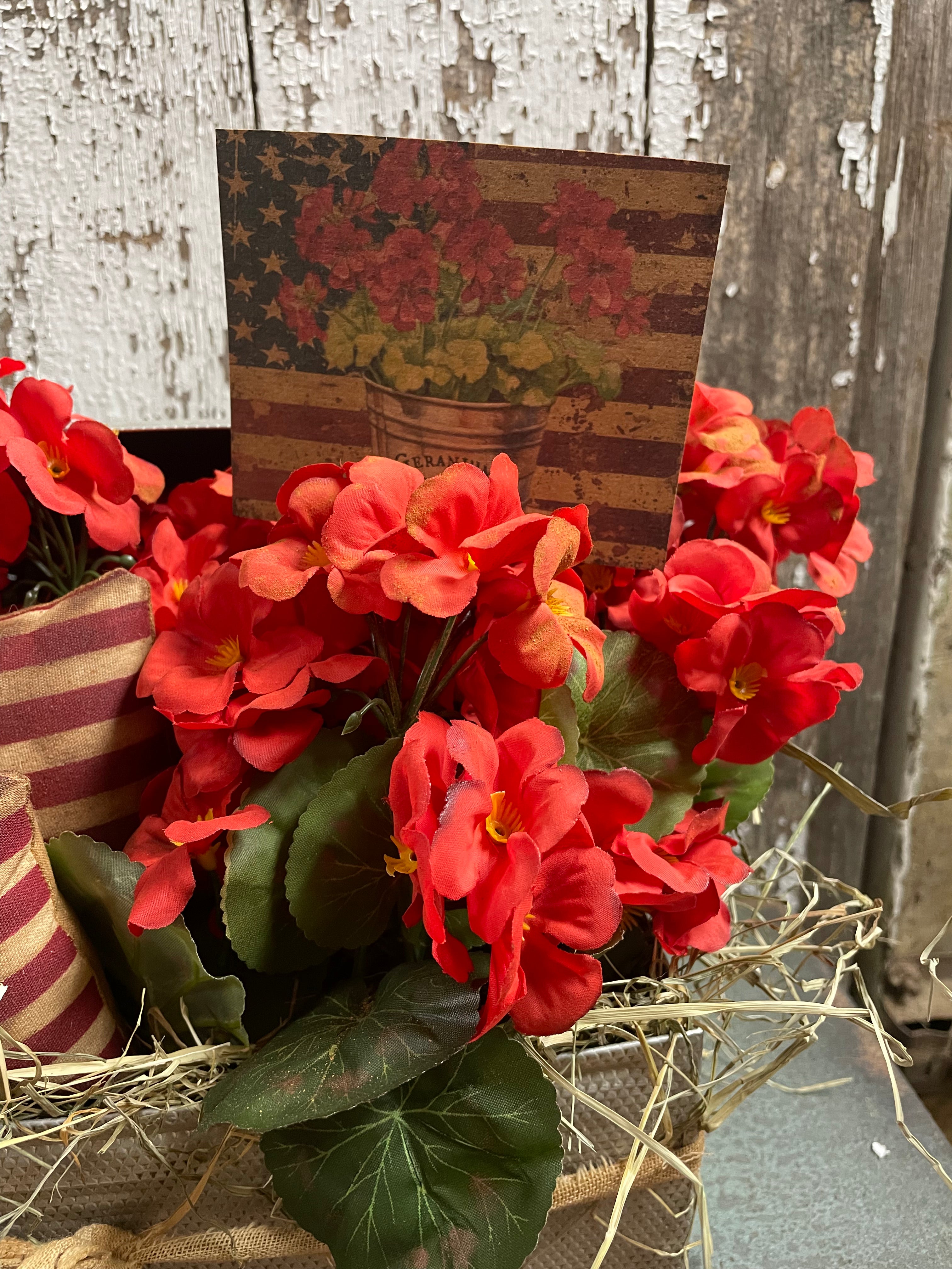 Primitive Flag Pillows And Geraniums In Antique Lunch Box Gathering 11x10x9