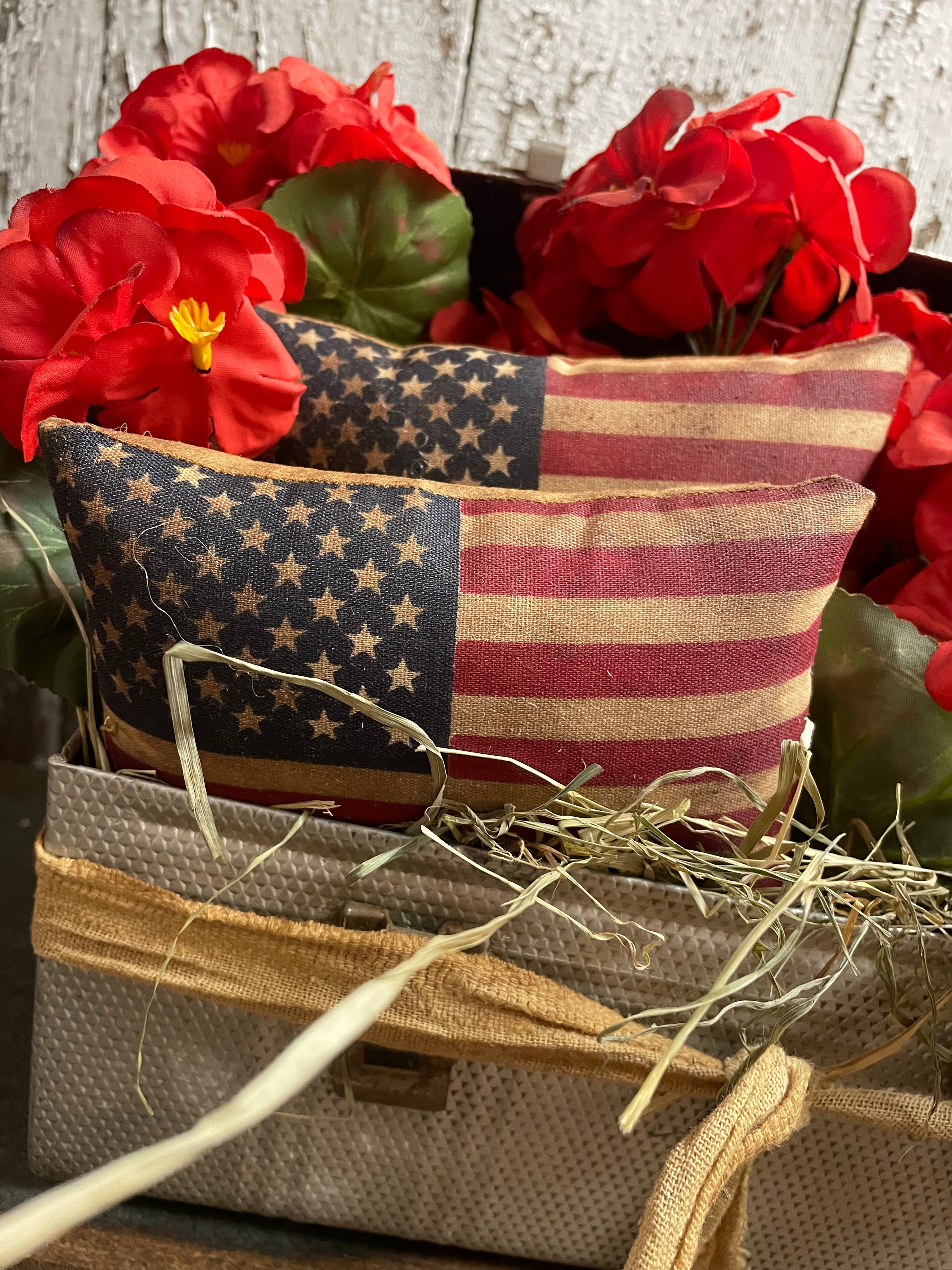 Primitive Flag Pillows And Geraniums In Antique Lunch Box Gathering 11x10x9