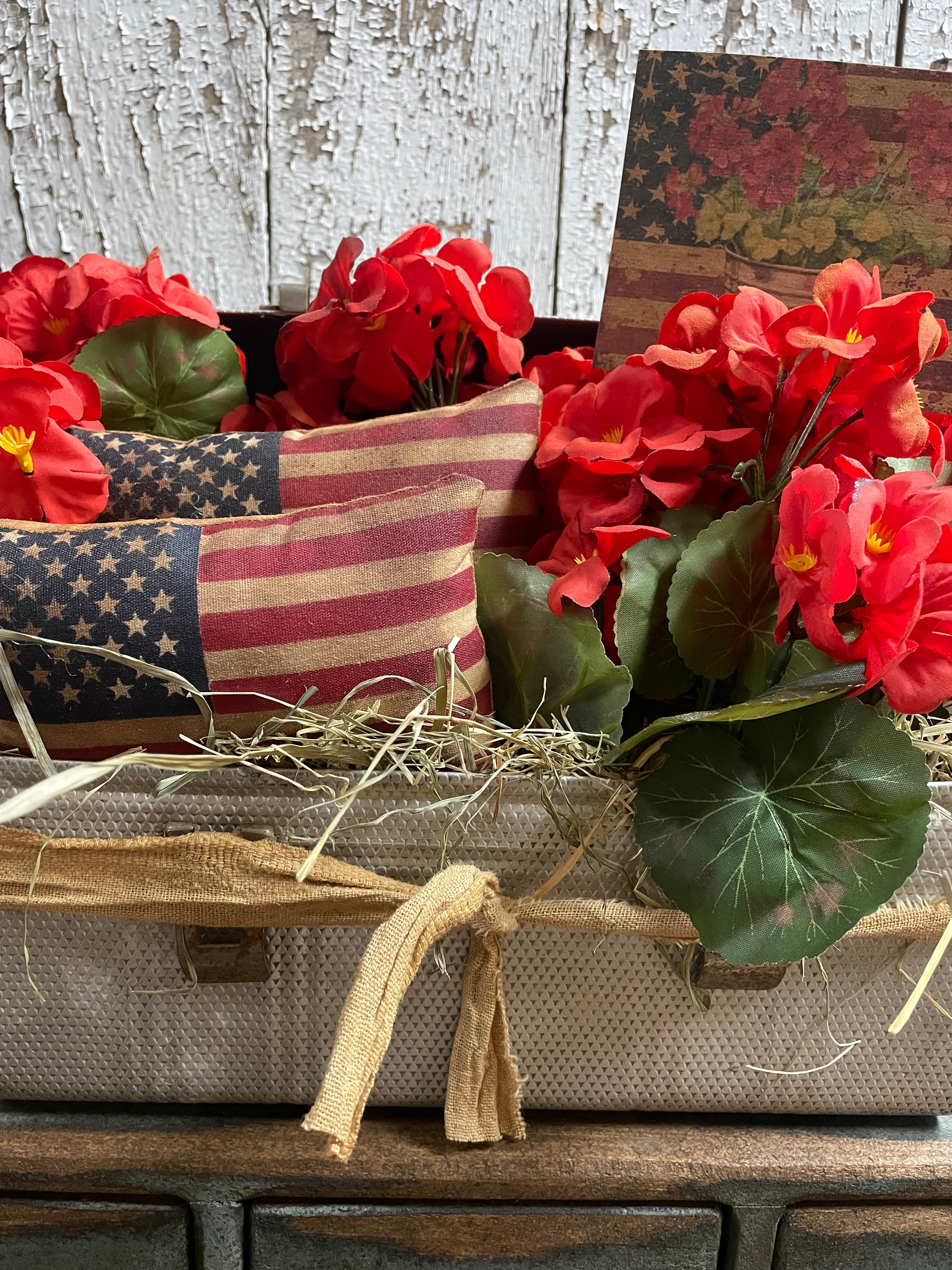 Primitive Flag Pillows And Geraniums In Antique Lunch Box Gathering 11x10x9