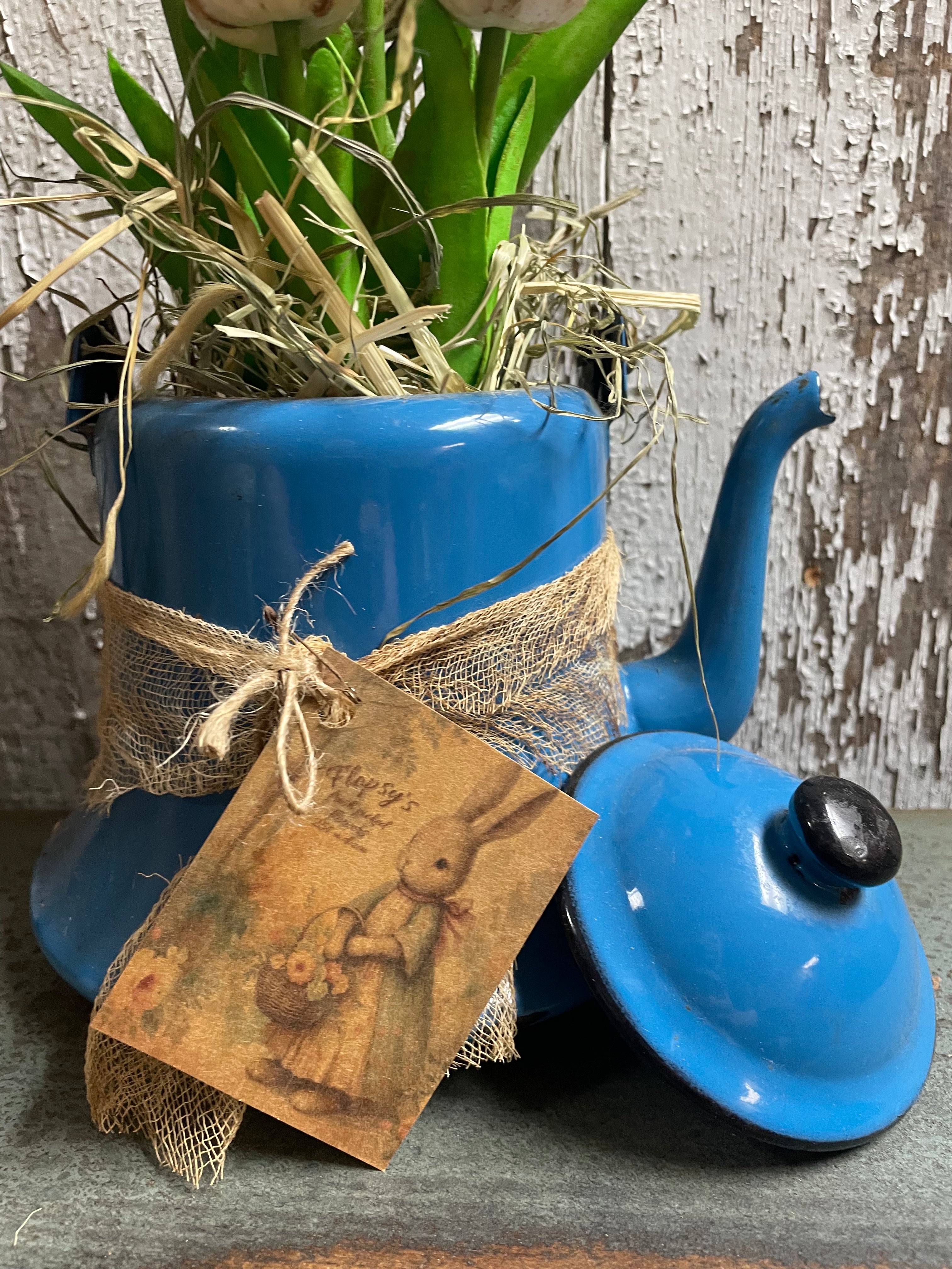 8 Primitive Tulips In Antique Tea Pot Gathering 11x8